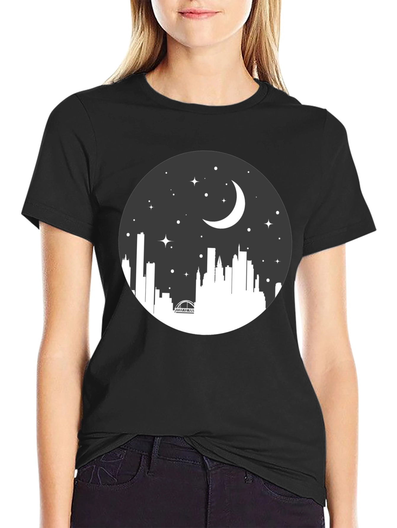 Night Skyline Graphic Tee - Black Crew Neck