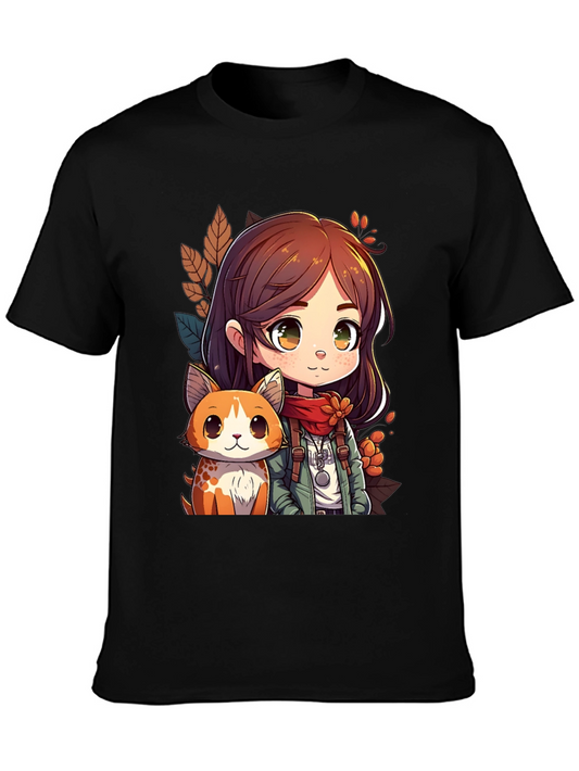 Anime Girl & Cat Black T-Shirt