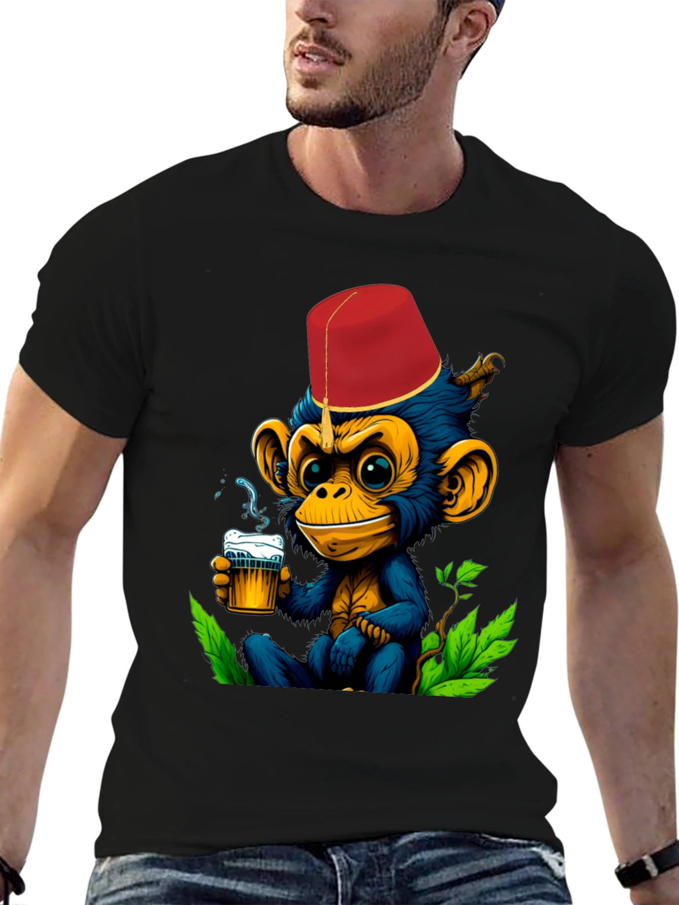 Monkey Fez Beer T-Shirt - Fun Cartoon Tee