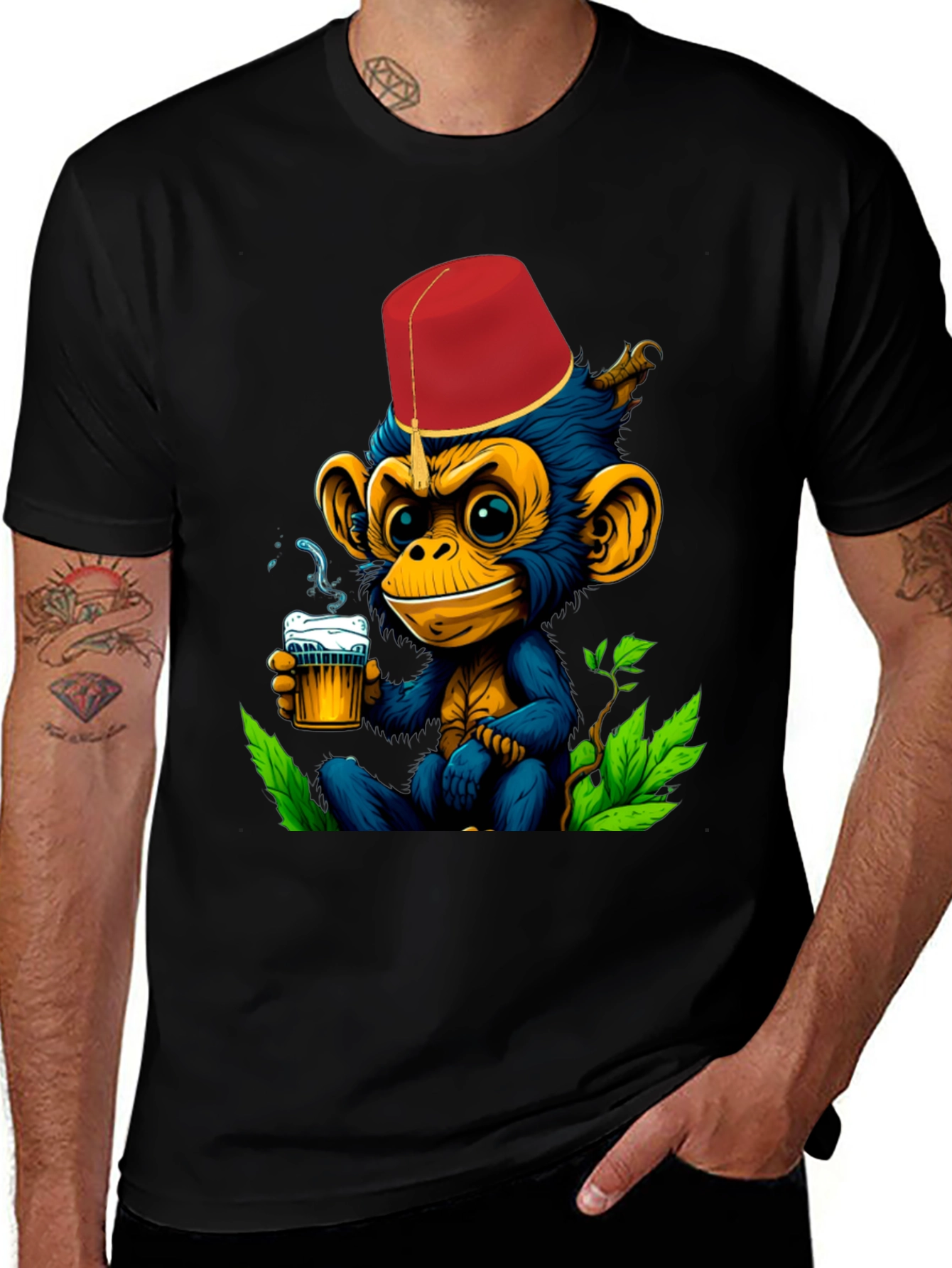 Monkey Fez Beer T-Shirt - Fun Cartoon Tee