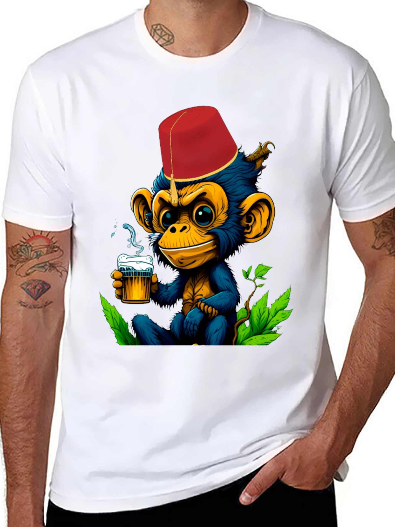 Monkey Fez Beer T-Shirt - Fun Cartoon Tee