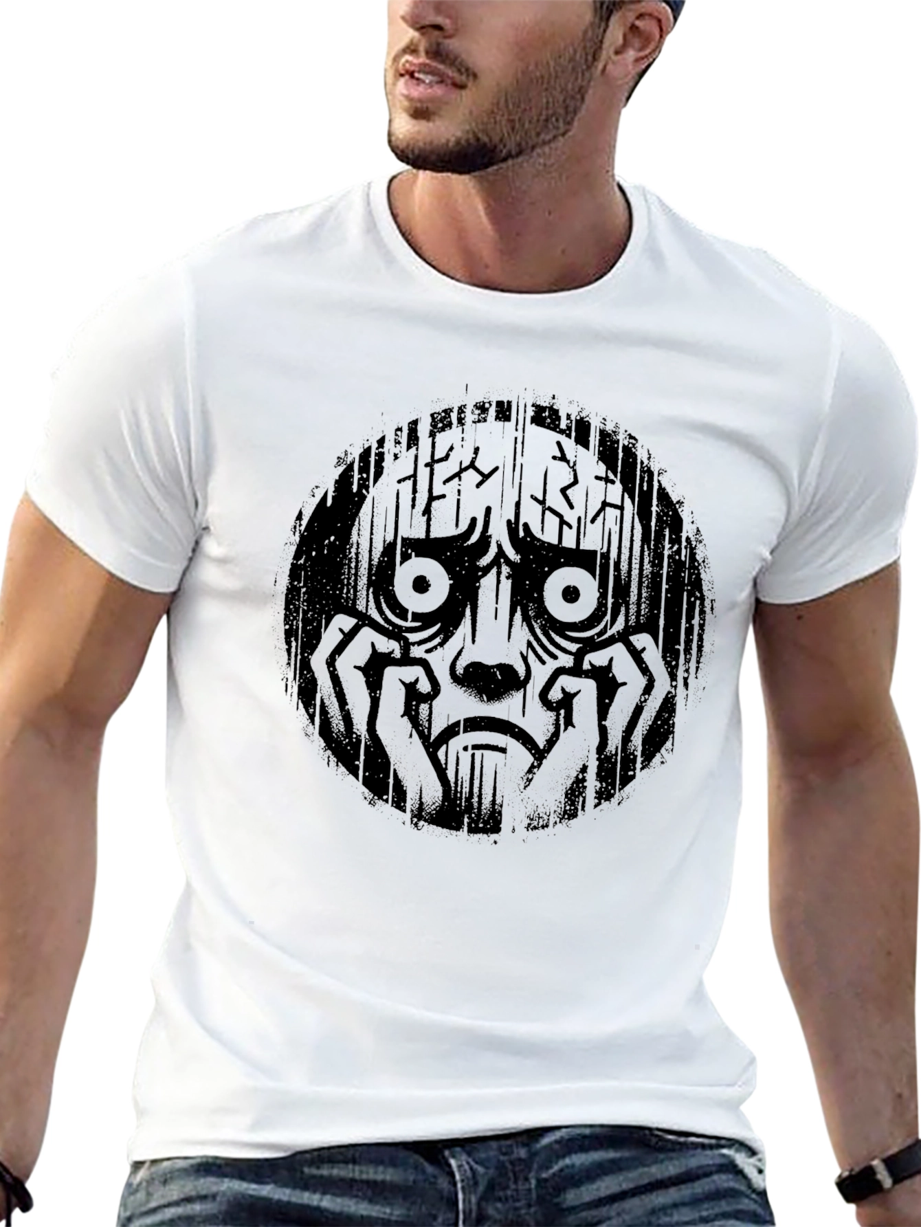 Distressed Sad Face Graphic Black T-Shirt