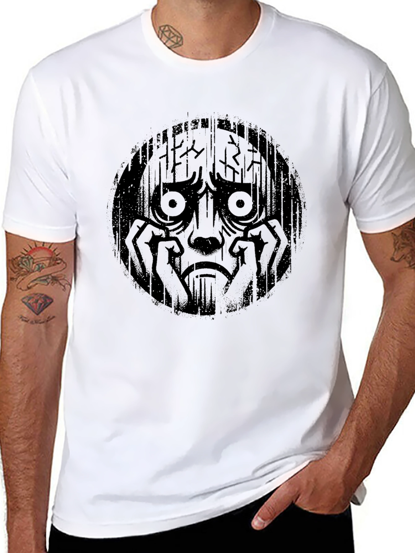 Distressed Sad Face Graphic Black T-Shirt