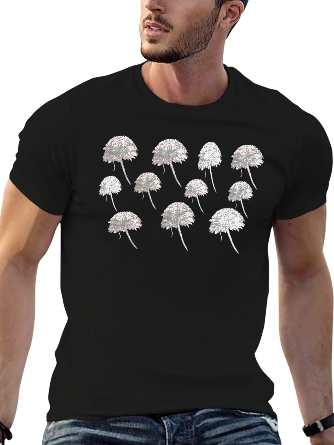Dandelion Print Crew Neck T-Shirt - Black