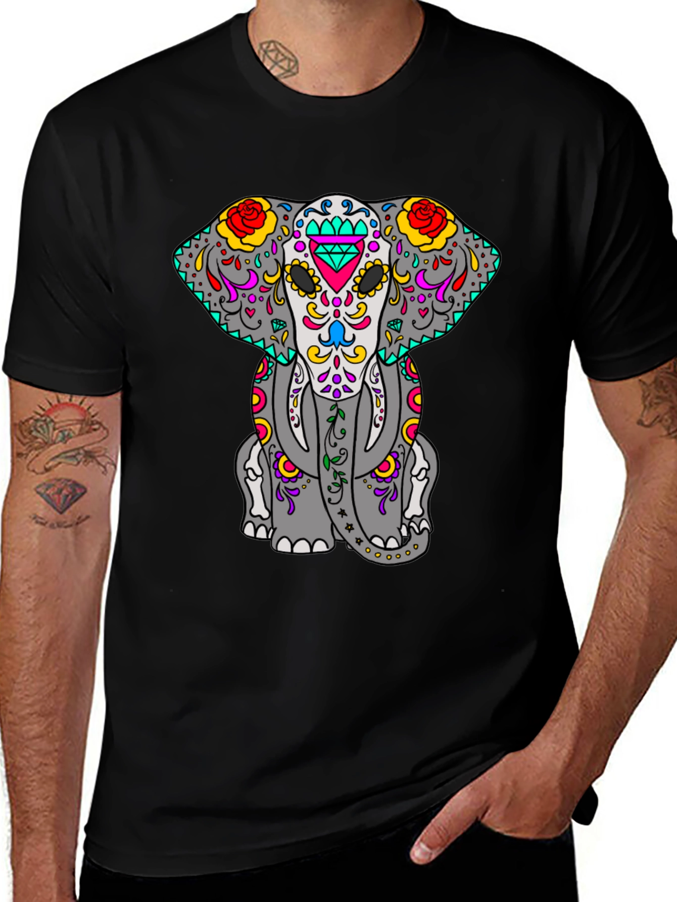 Sugar Skull Elephant Graphic Tee - Black