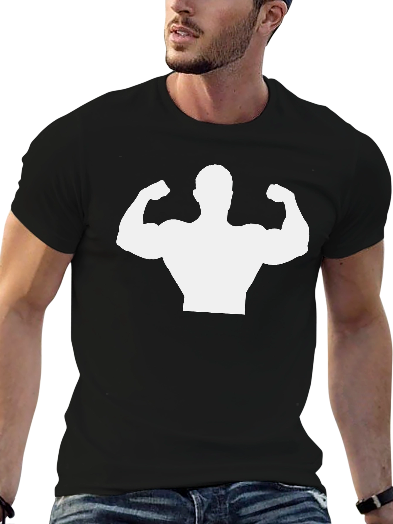 Muscle Man Silhouette Graphic Tee - Black Cotton Shirt