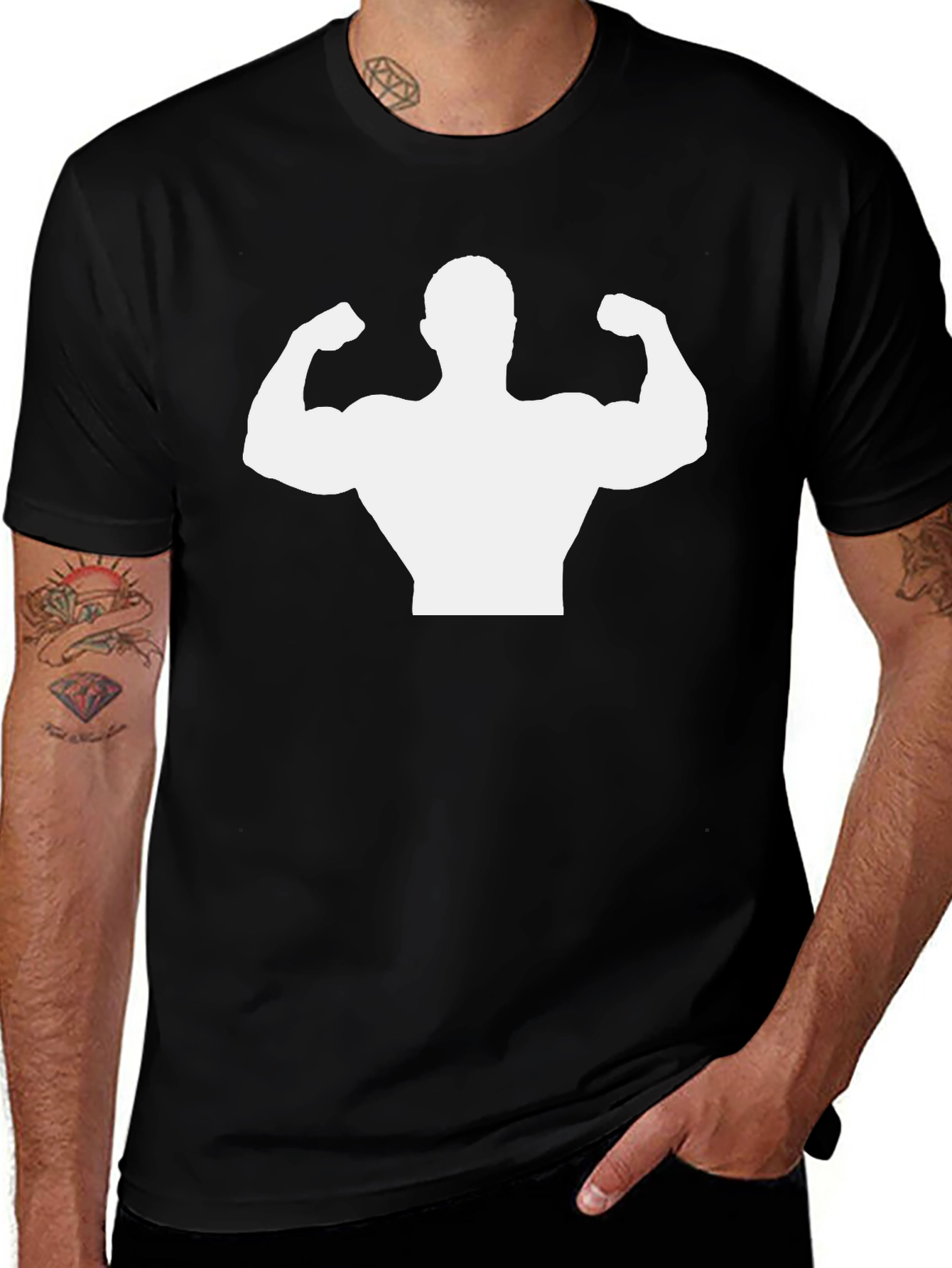 Muscle Man Silhouette Graphic Tee - Black Cotton Shirt