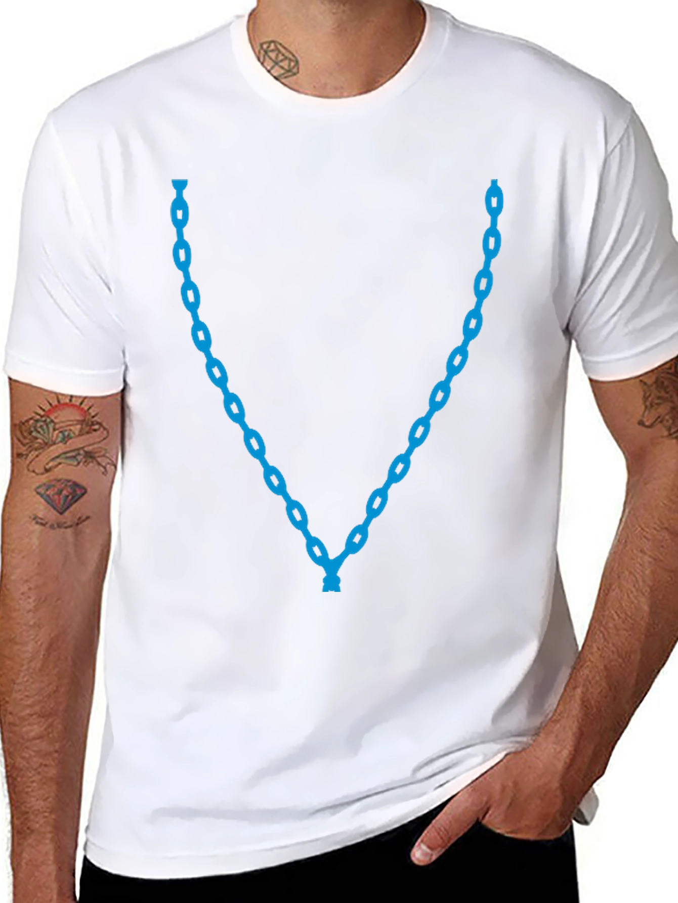 Mens Black T-Shirt with Blue Chain Necklace Design
