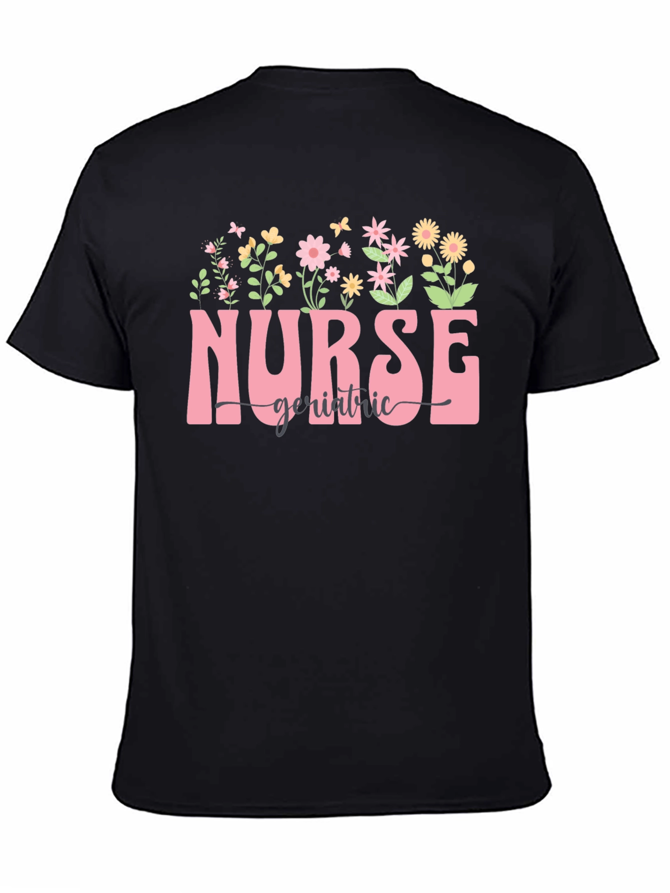 Floral Nurse Geriatric T-Shirt - Black
