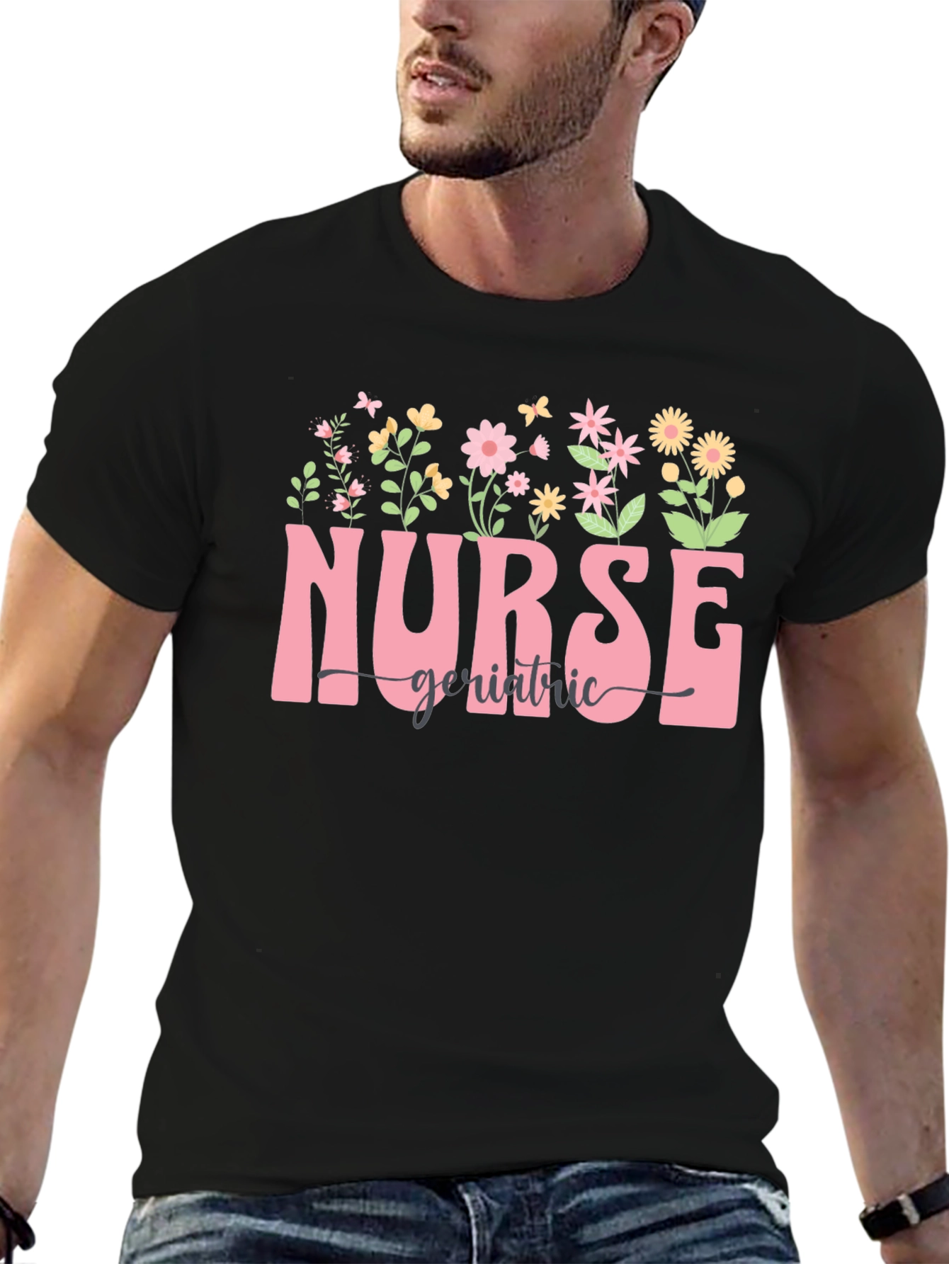 Floral Nurse Geriatric T-Shirt - Black