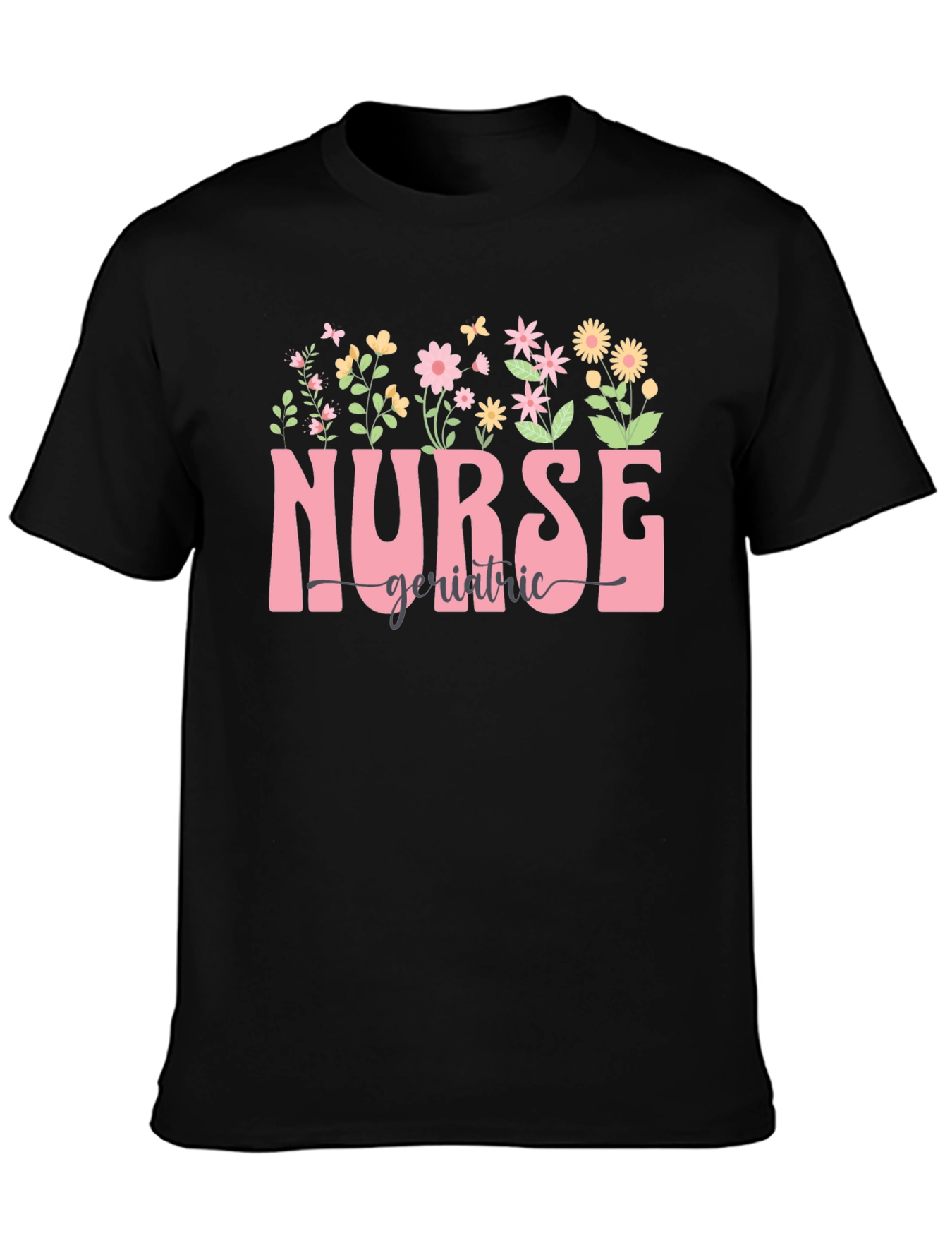 Floral Nurse Geriatric T-Shirt - Black