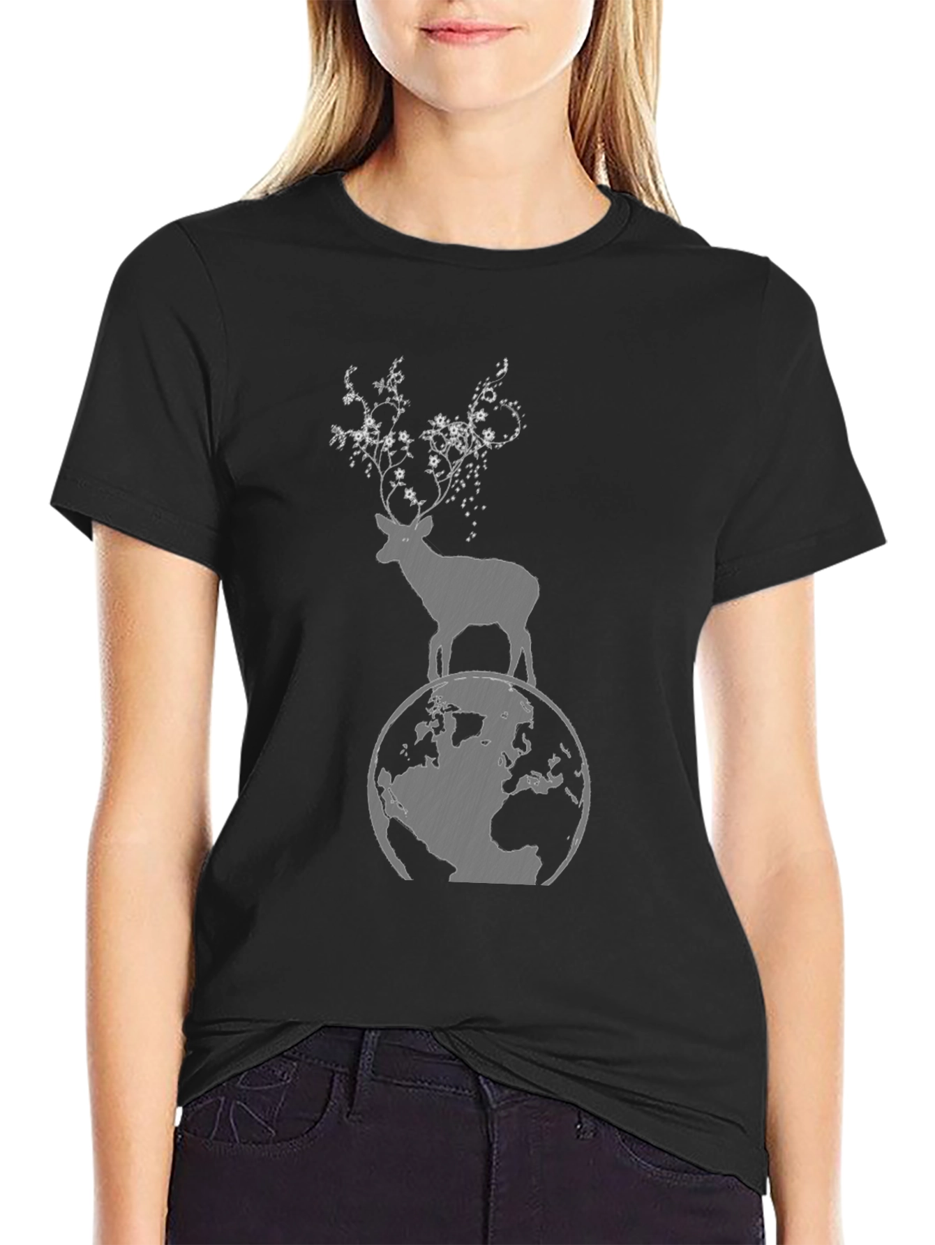 Nature Graphic Tee - Deer on Globe T-Shirt