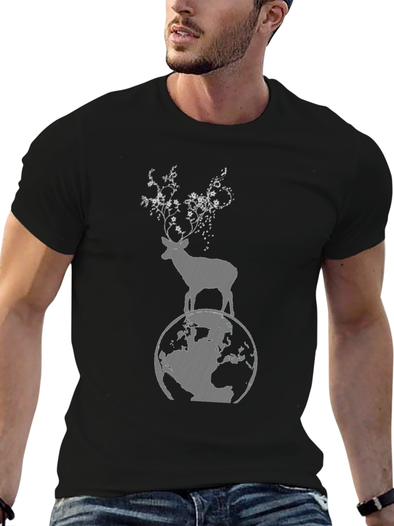Nature Graphic Tee - Deer on Globe T-Shirt