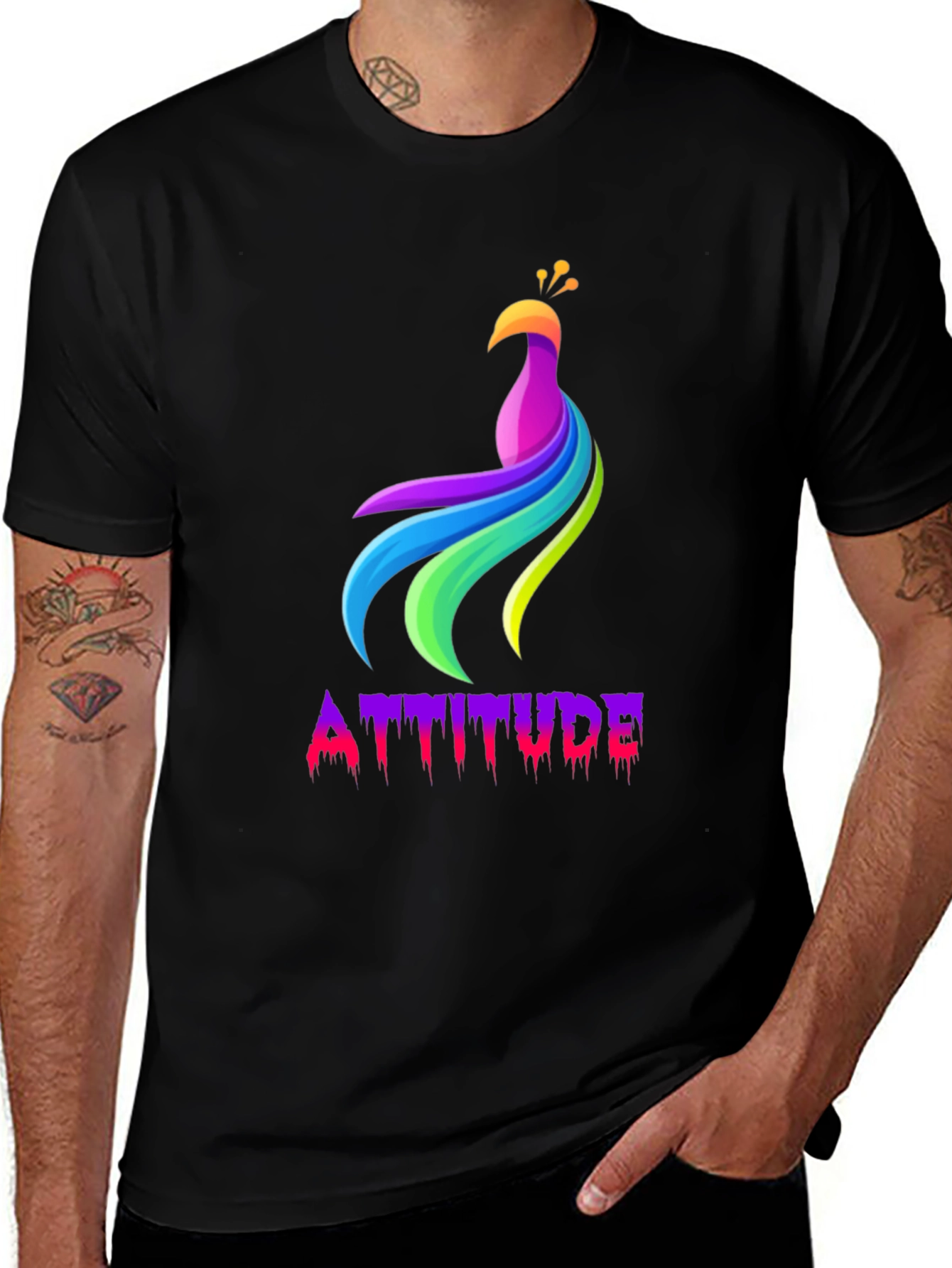 Mens Black Attitude Peacock Graphic Tee