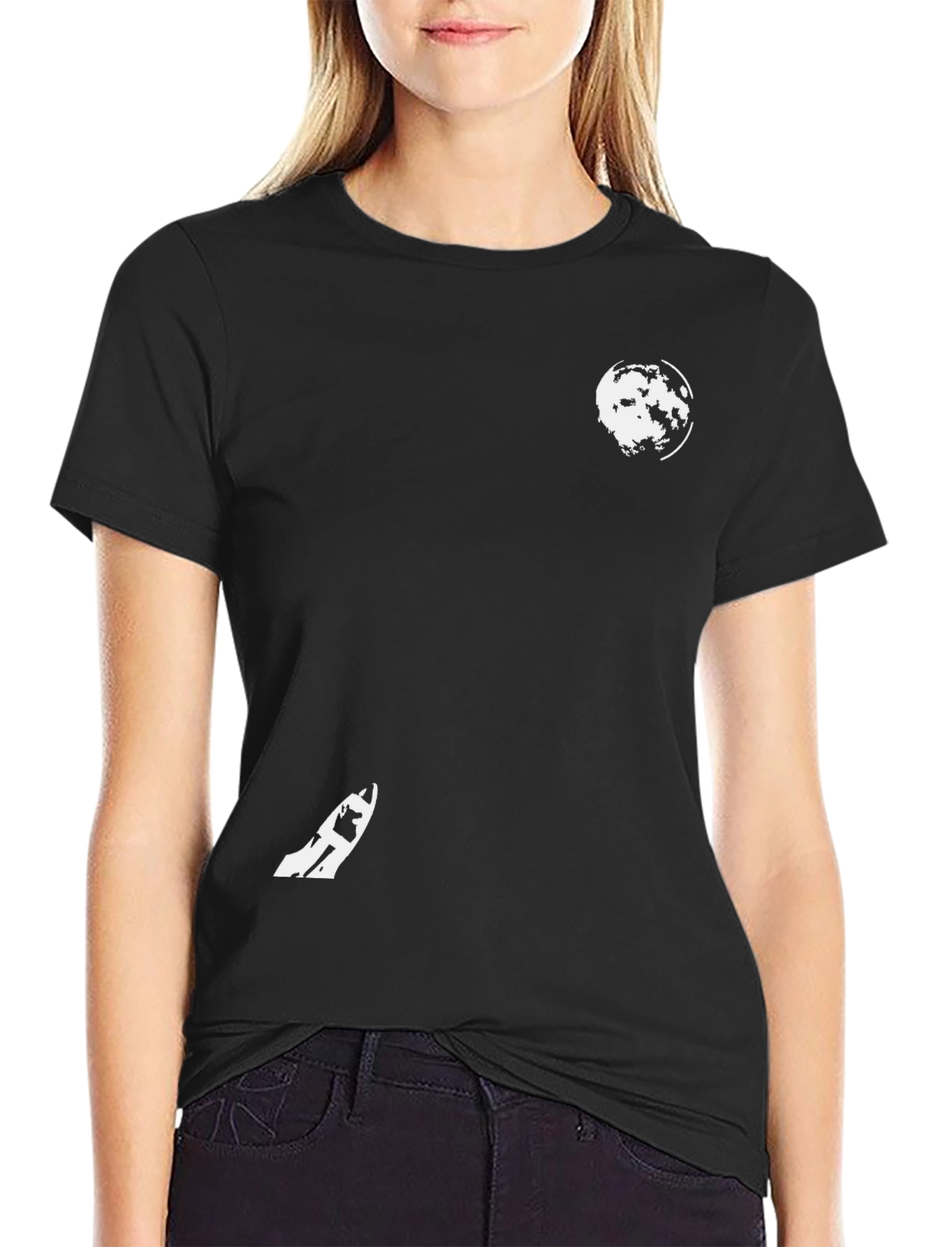 Black Graphic Tee - Moon & Skateboard Design