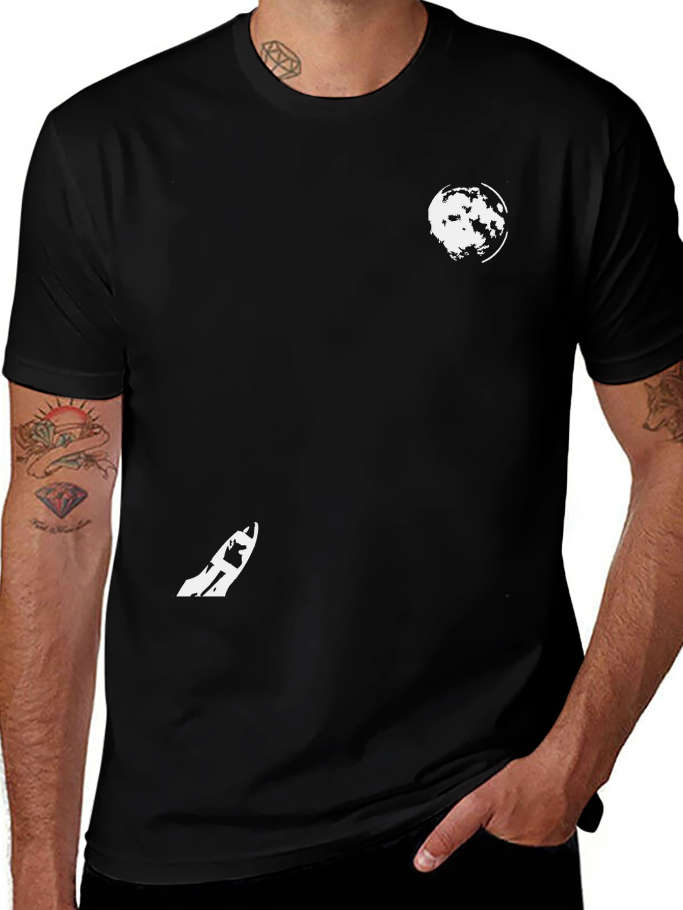 Black Graphic Tee - Moon & Skateboard Design
