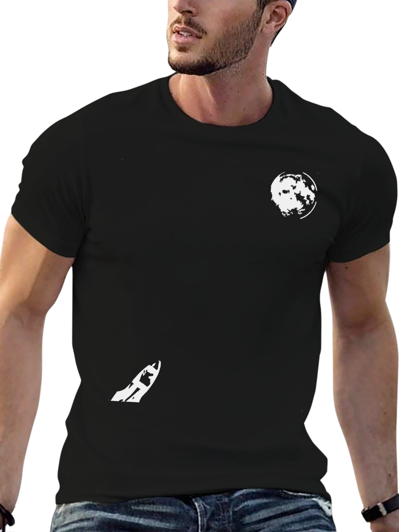 Black Graphic Tee - Moon & Skateboard Design