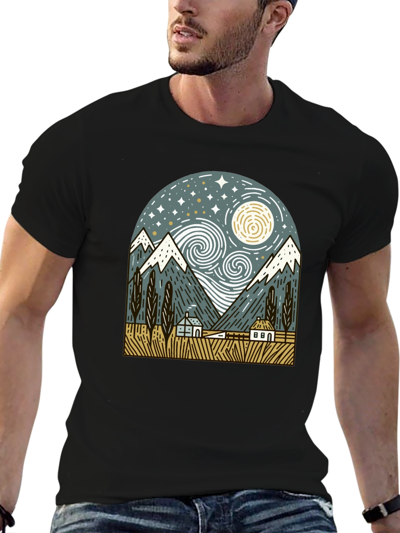Starry Night Mountain Graphic T-Shirt
