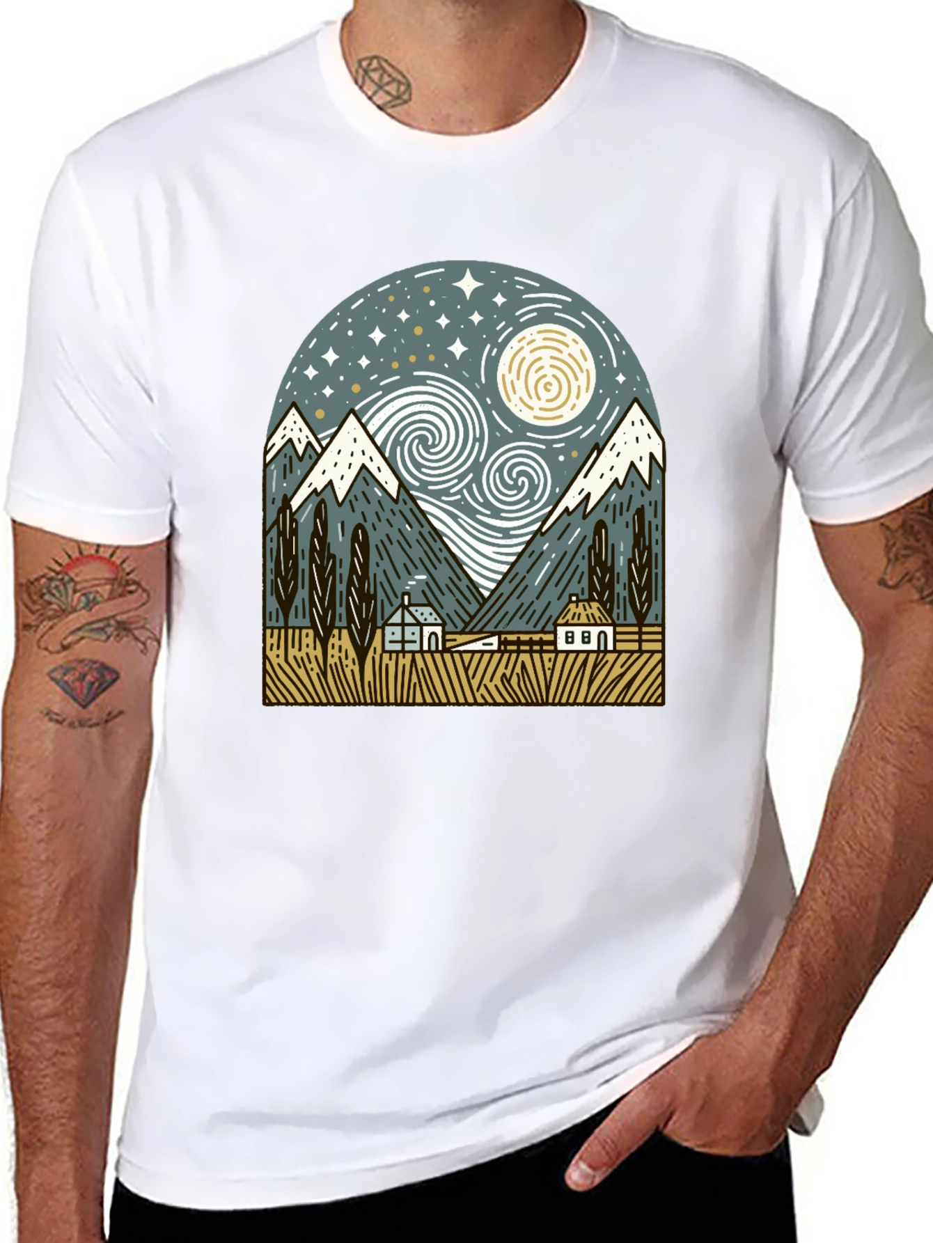 Starry Night Mountain Graphic T-Shirt