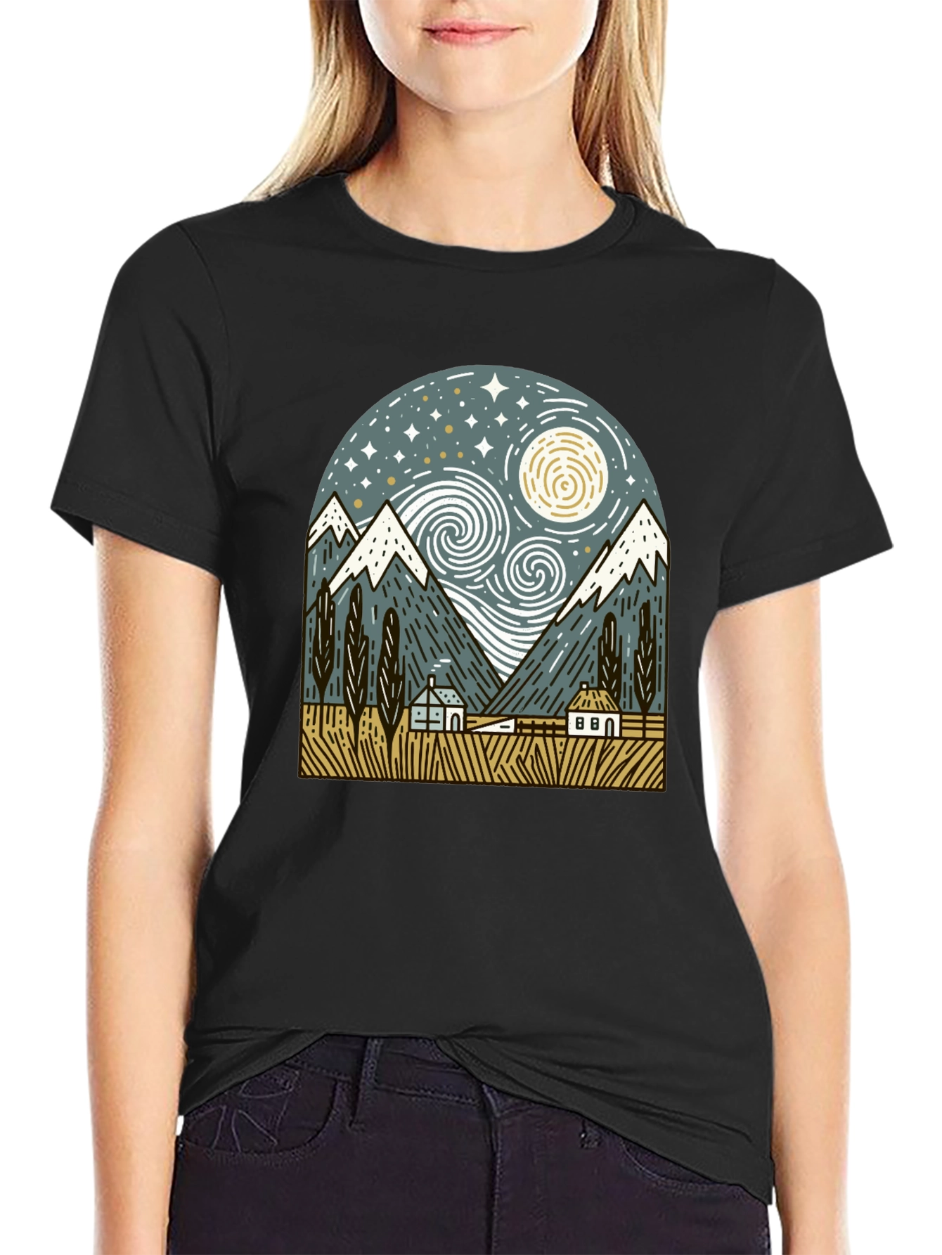 Starry Night Mountain Graphic T-Shirt