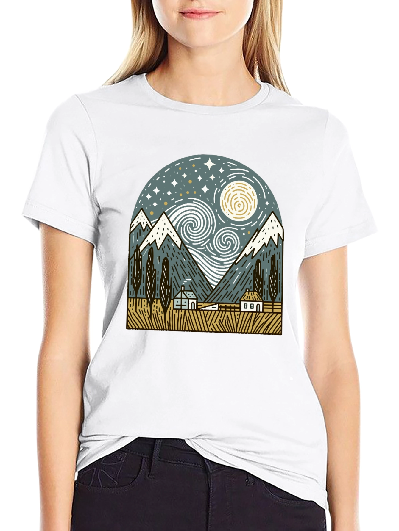 Starry Night Mountain Graphic T-Shirt