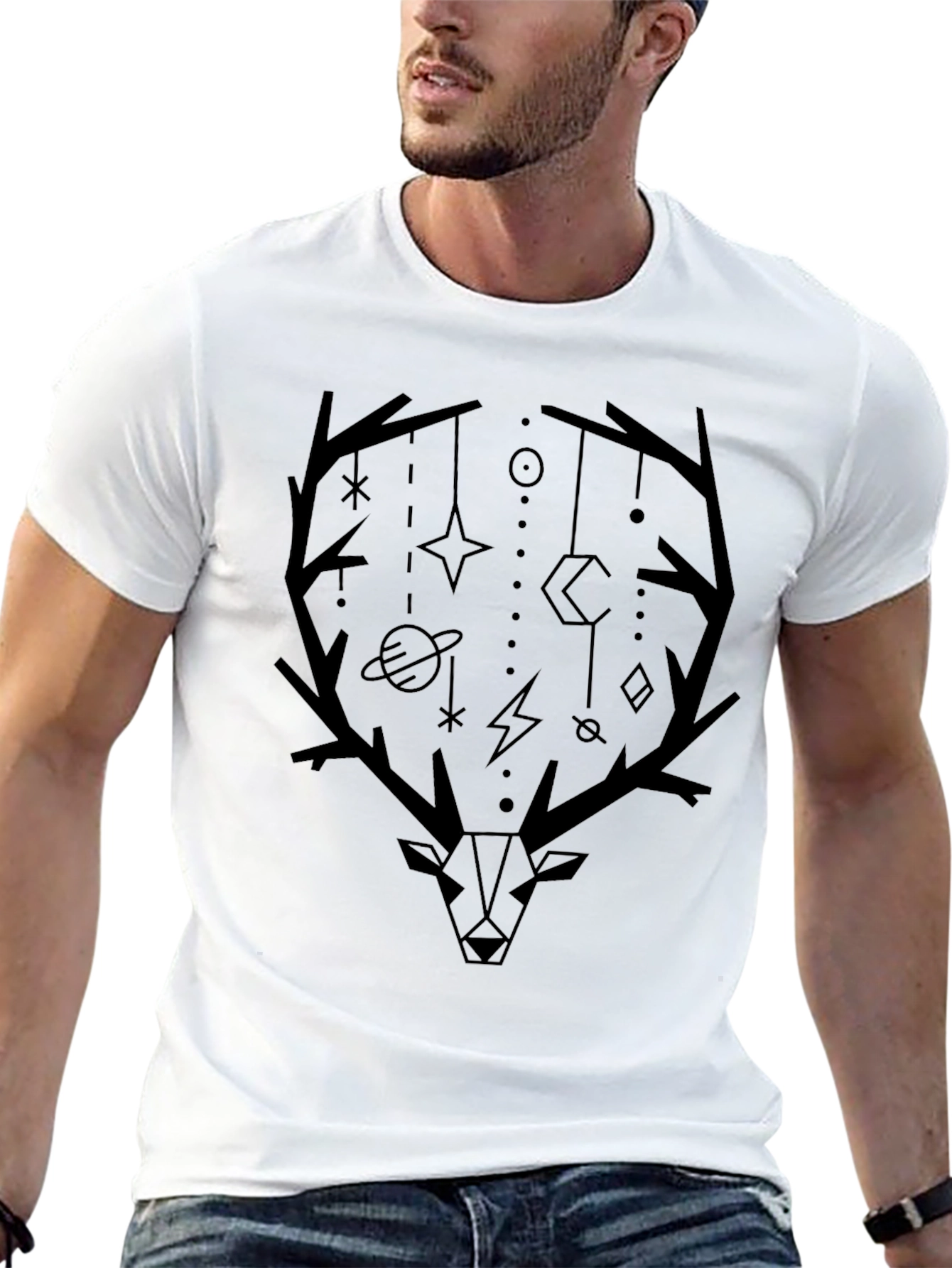 Geometric Deer Antler Graphic Tee - Modern Black T-Shirt
