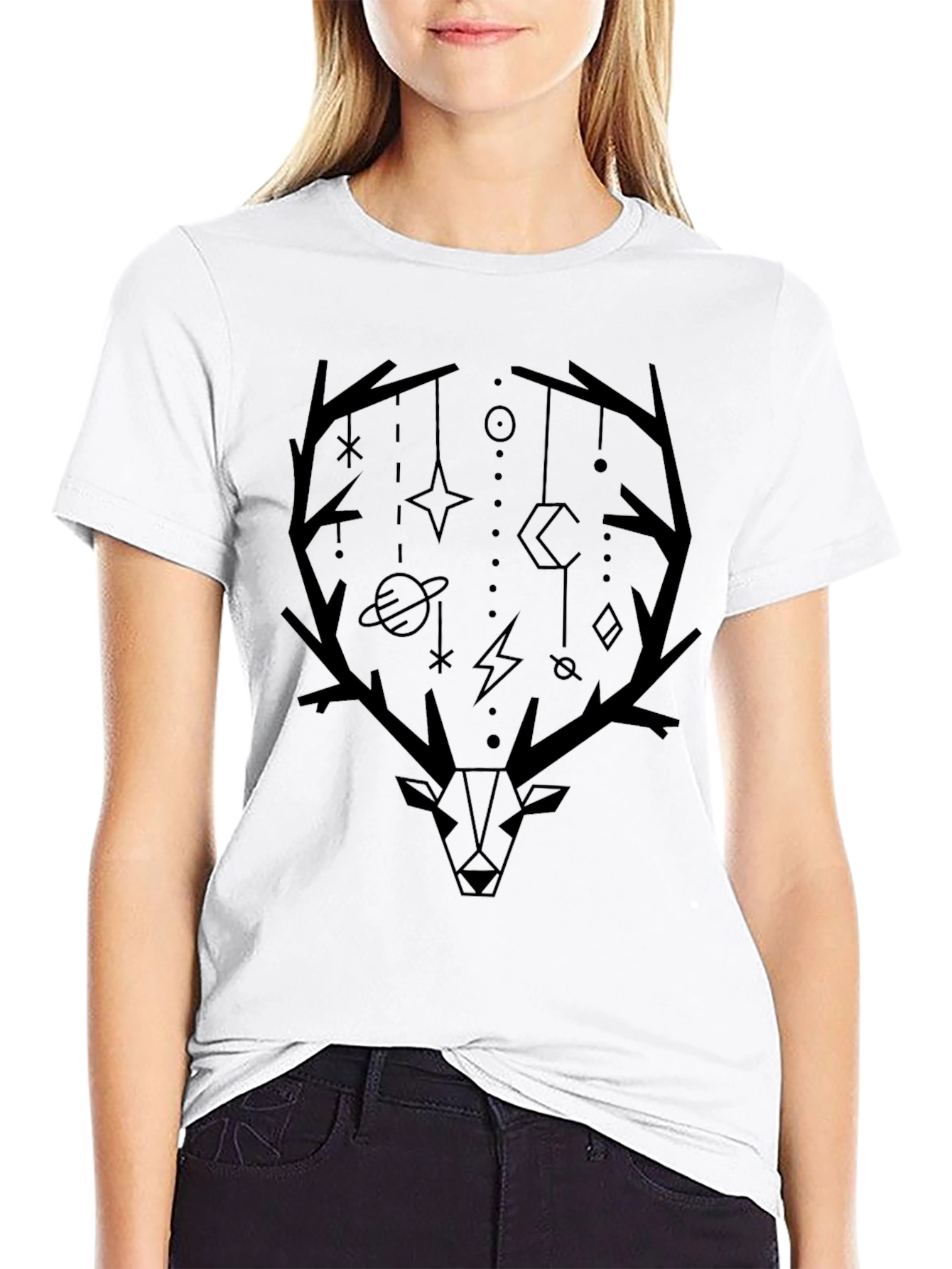 Geometric Deer Antler Graphic Tee - Modern Black T-Shirt