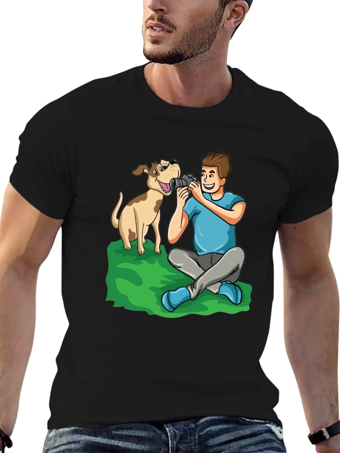 Cartoon Photographer and Dog Black T-Shirt