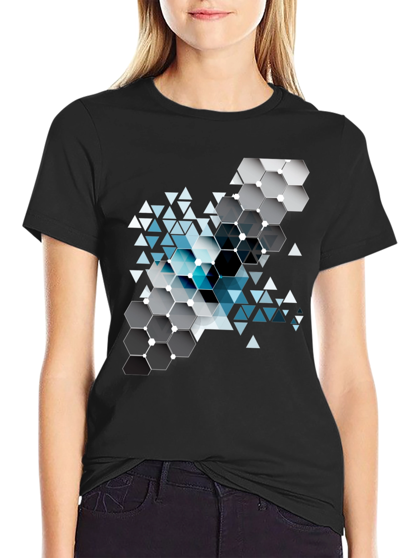 Geometric Hexagon Design Black T-Shirt