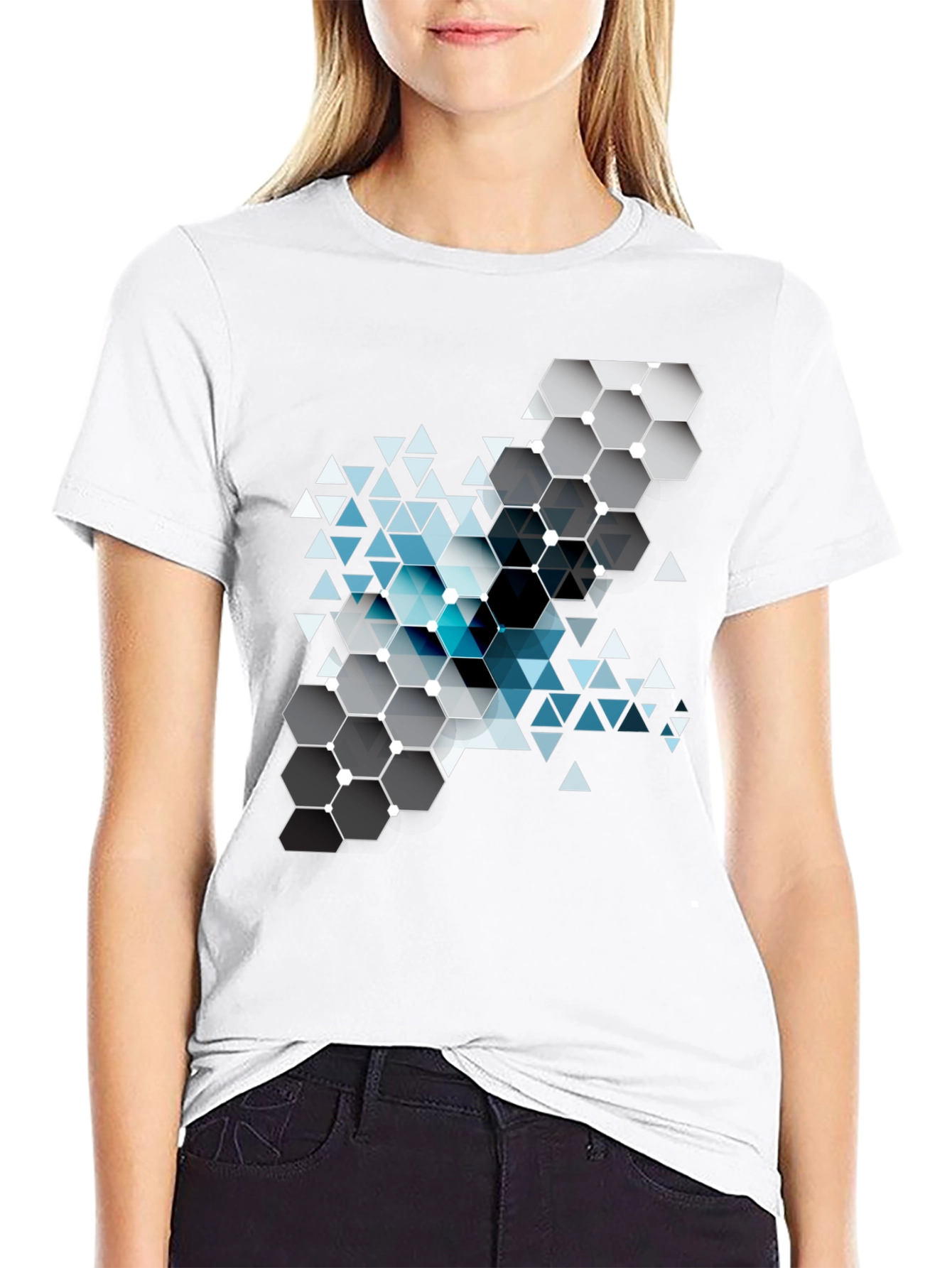 Geometric Hexagon Design Black T-Shirt
