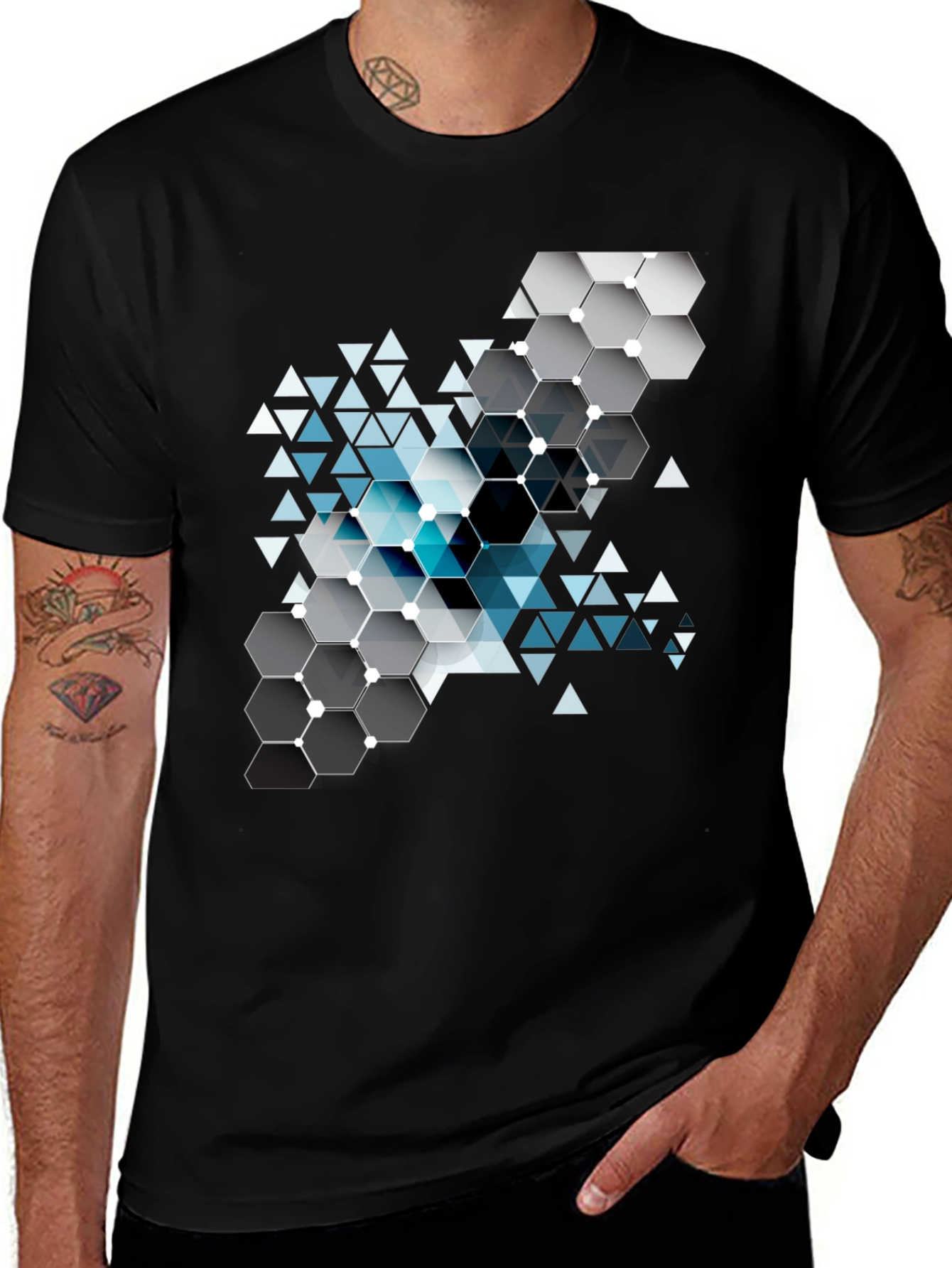 Geometric Hexagon Design Black T-Shirt