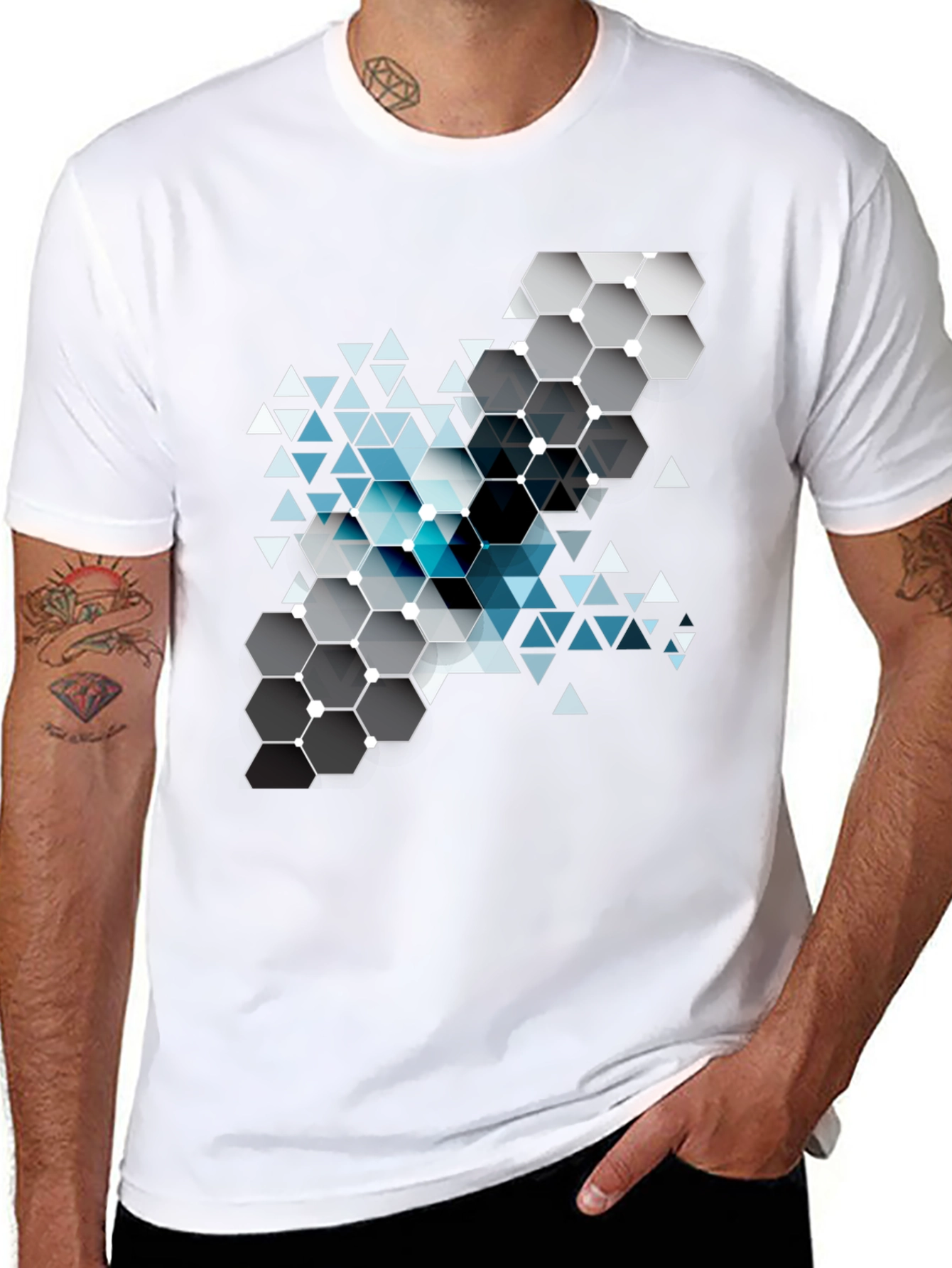 Geometric Hexagon Design Black T-Shirt