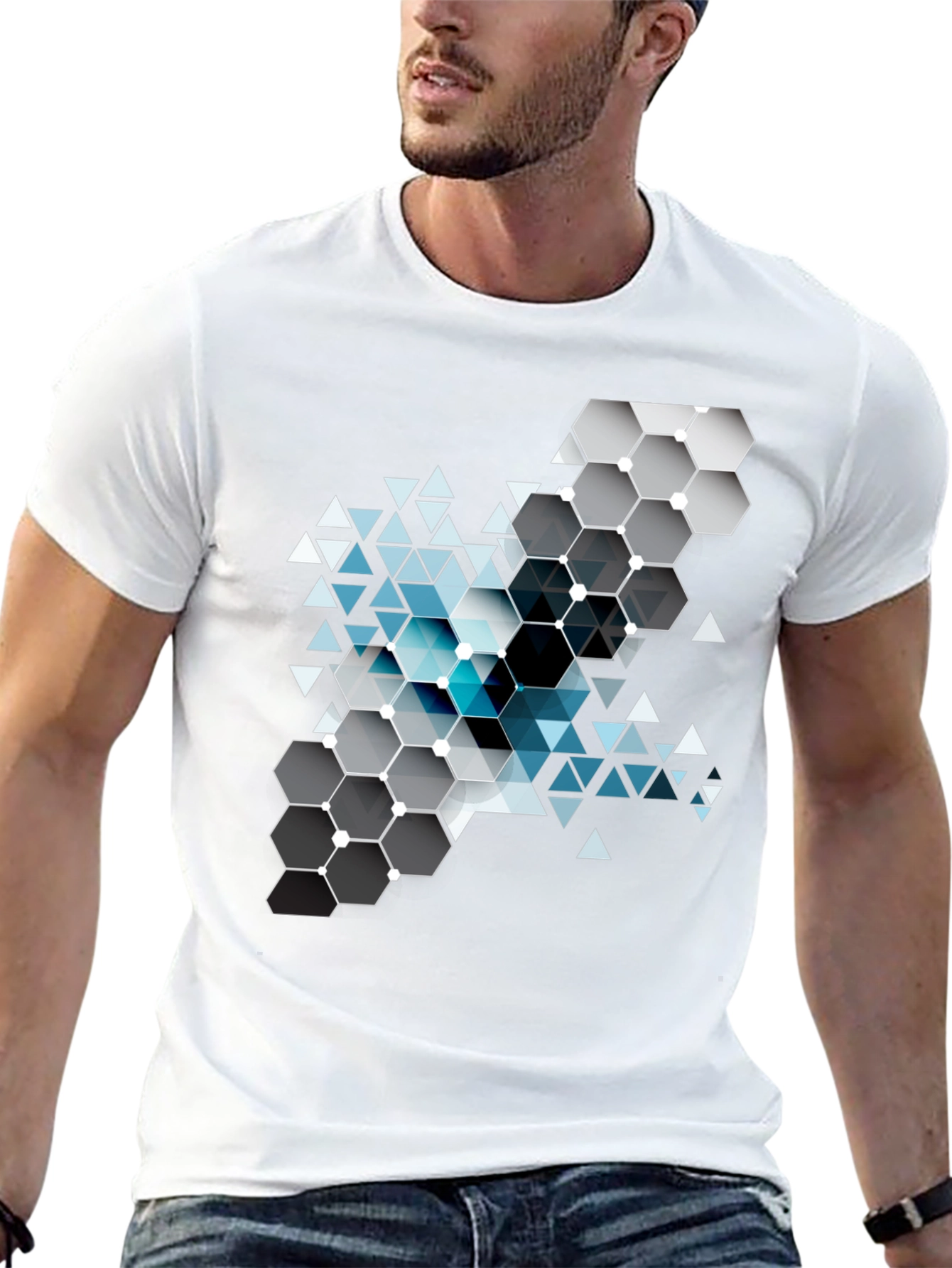 Geometric Hexagon Design Black T-Shirt