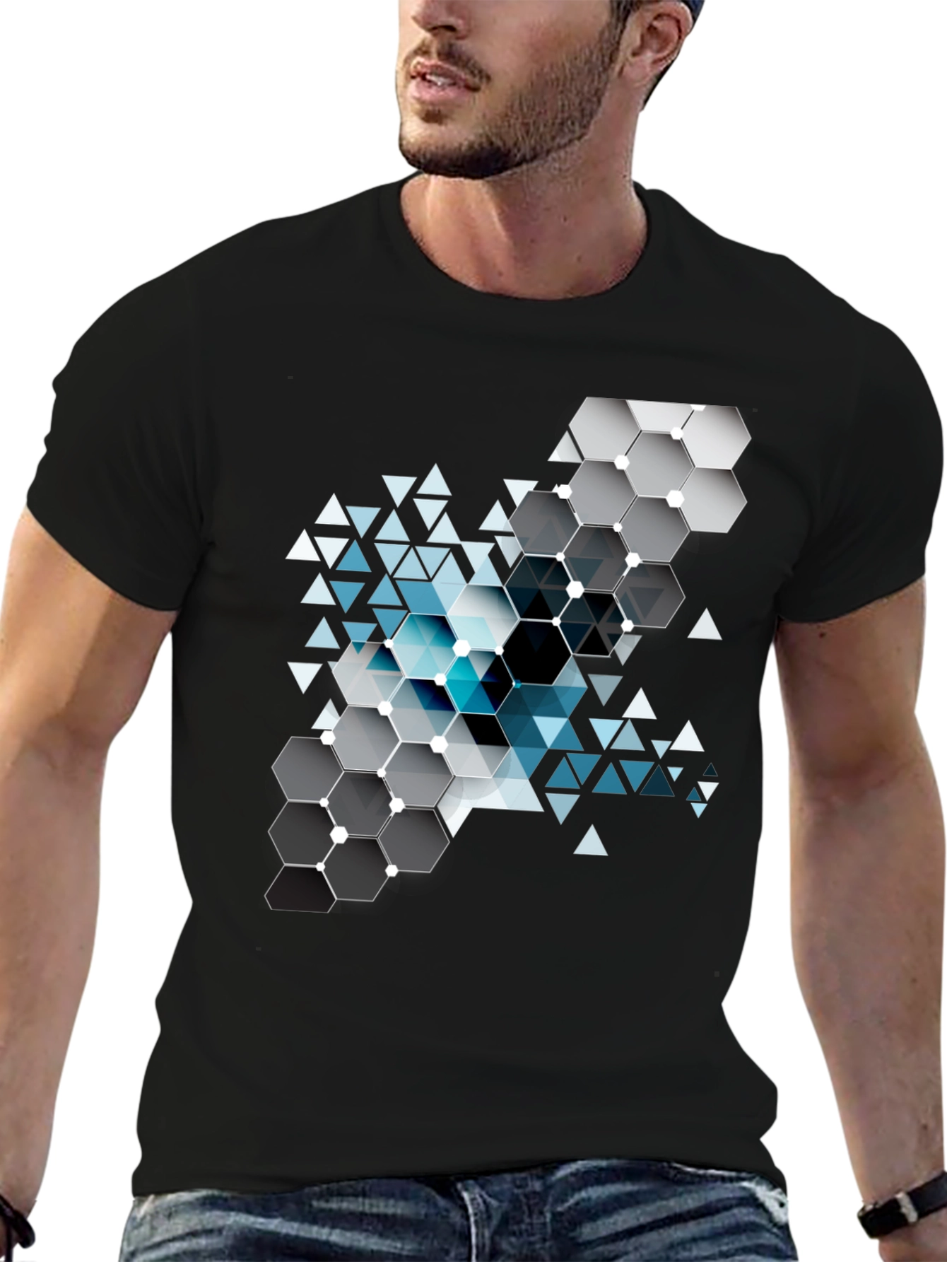 Geometric Hexagon Design Black T-Shirt