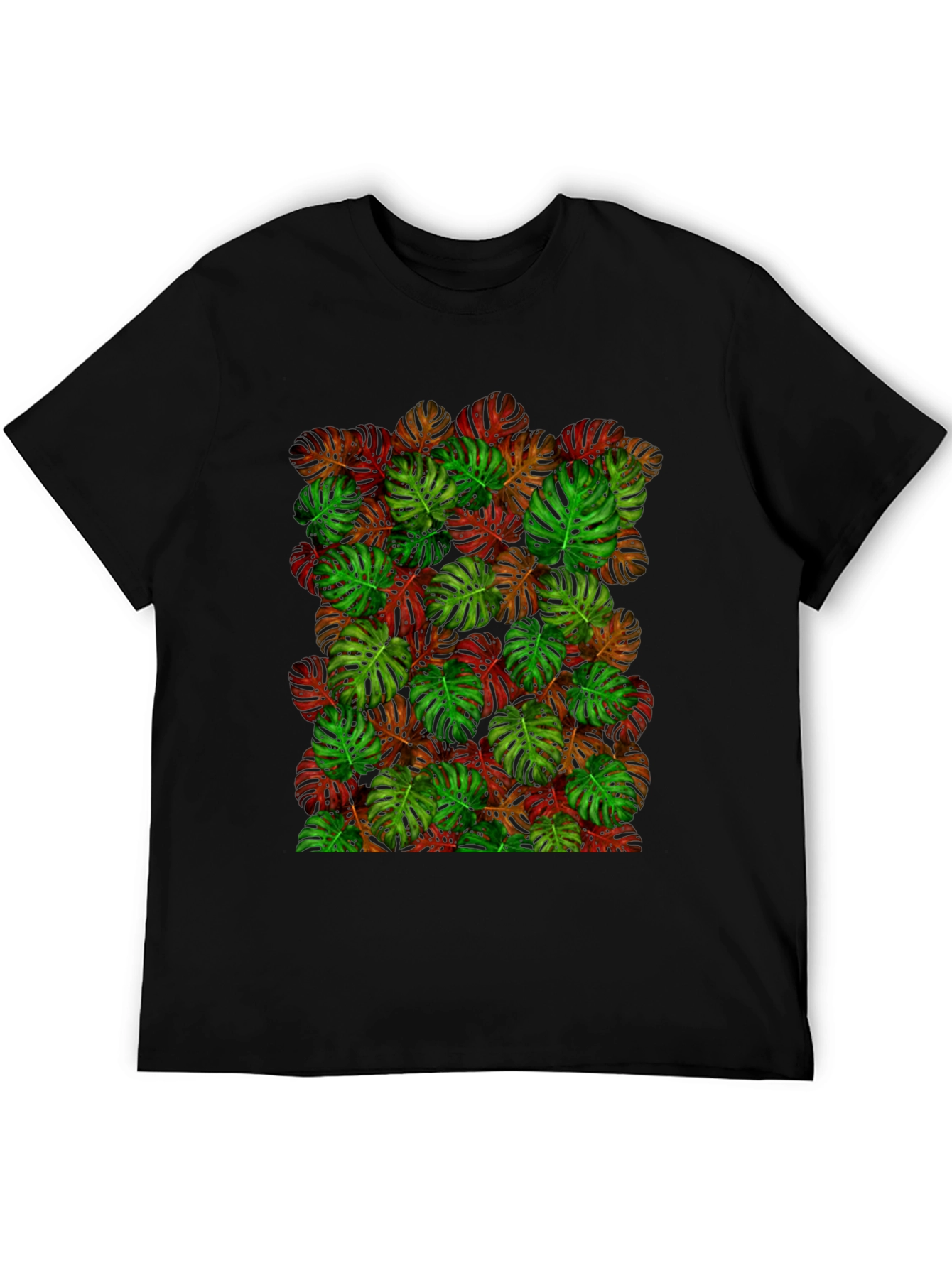 Tropical Monstera Leaf Print Black T-Shirt