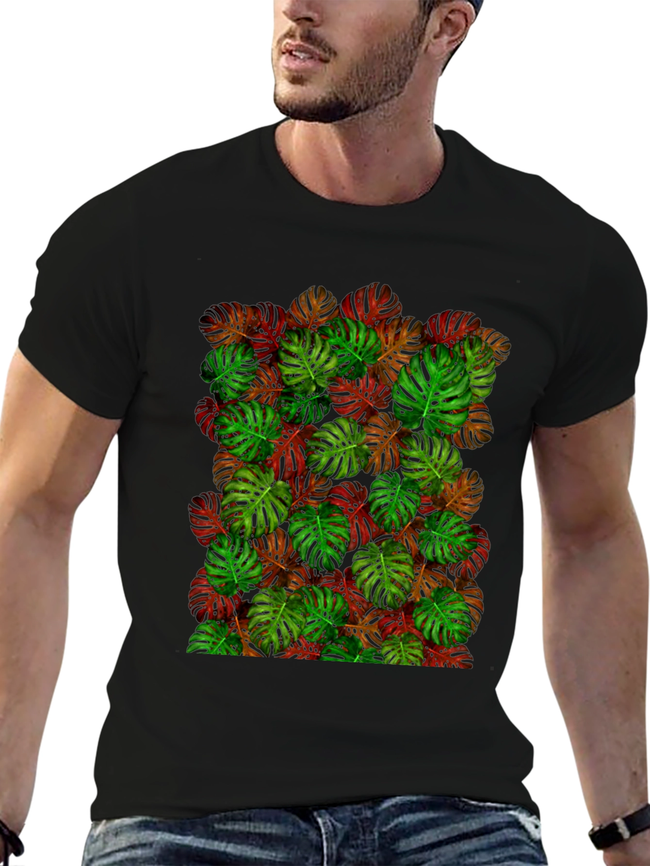 Tropical Monstera Leaf Print Black T-Shirt
