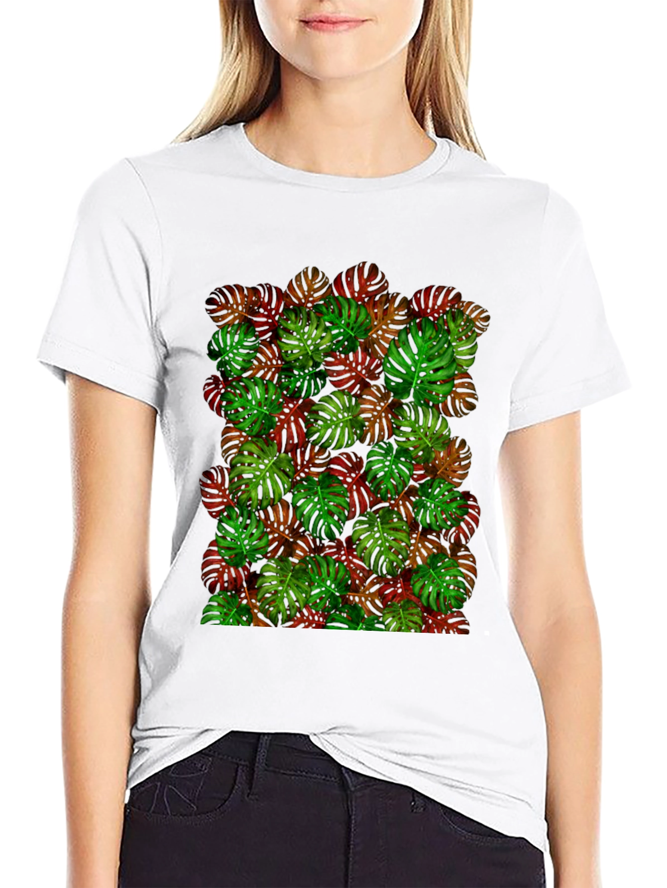 Tropical Monstera Leaf Print Black T-Shirt