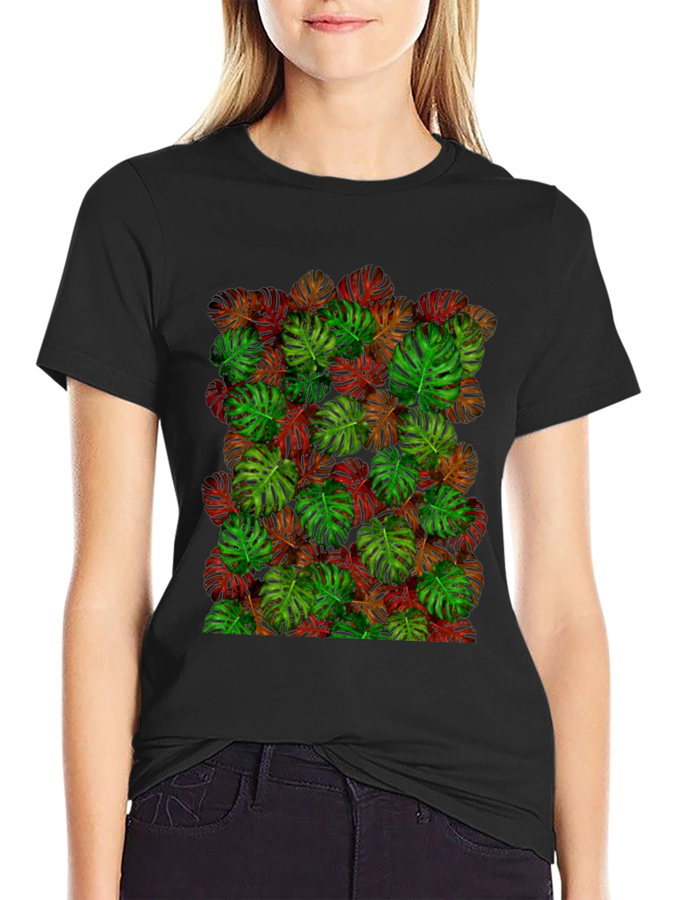 Tropical Monstera Leaf Print Black T-Shirt