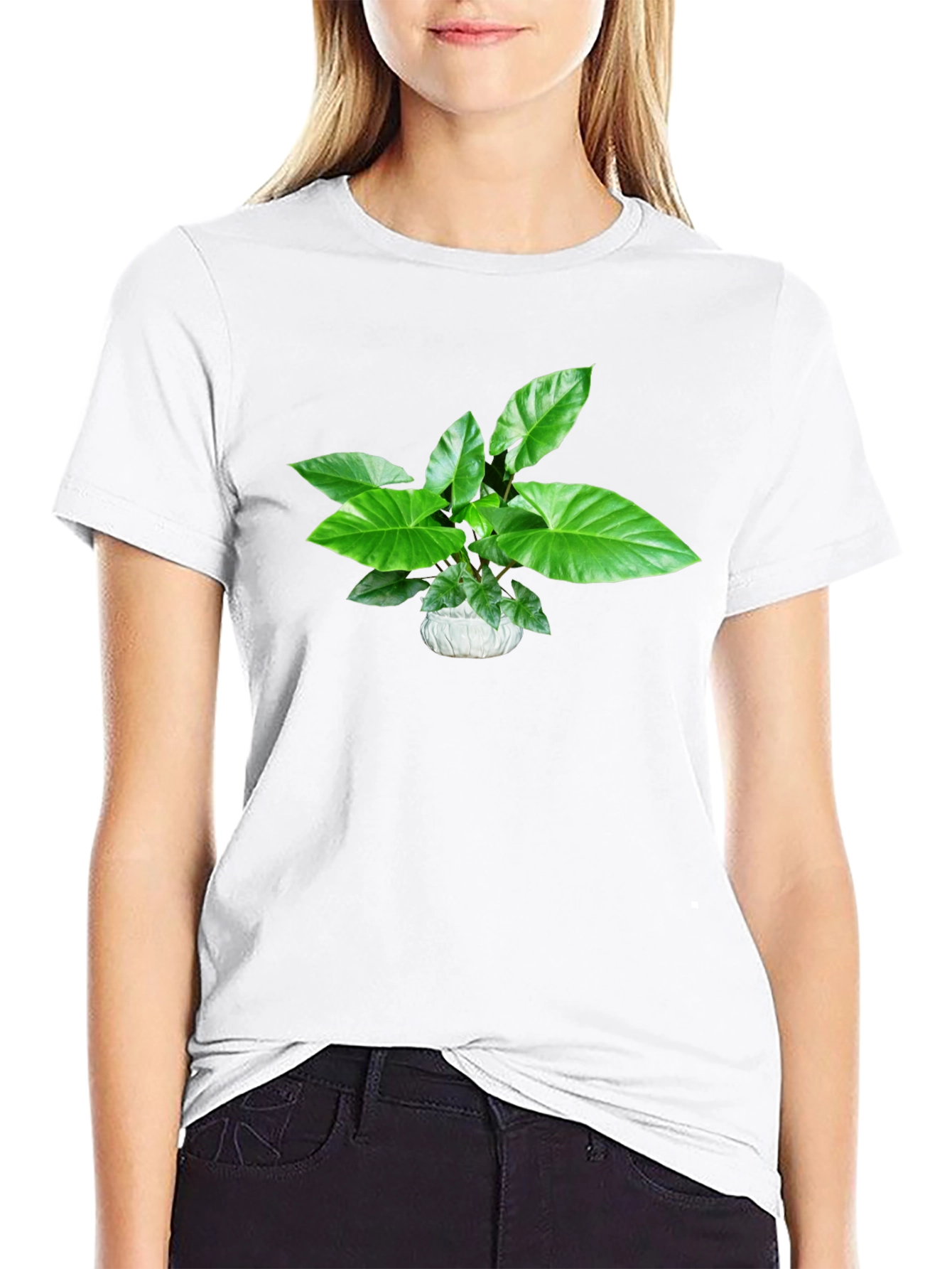 Green Plant Graphic Black T-Shirt