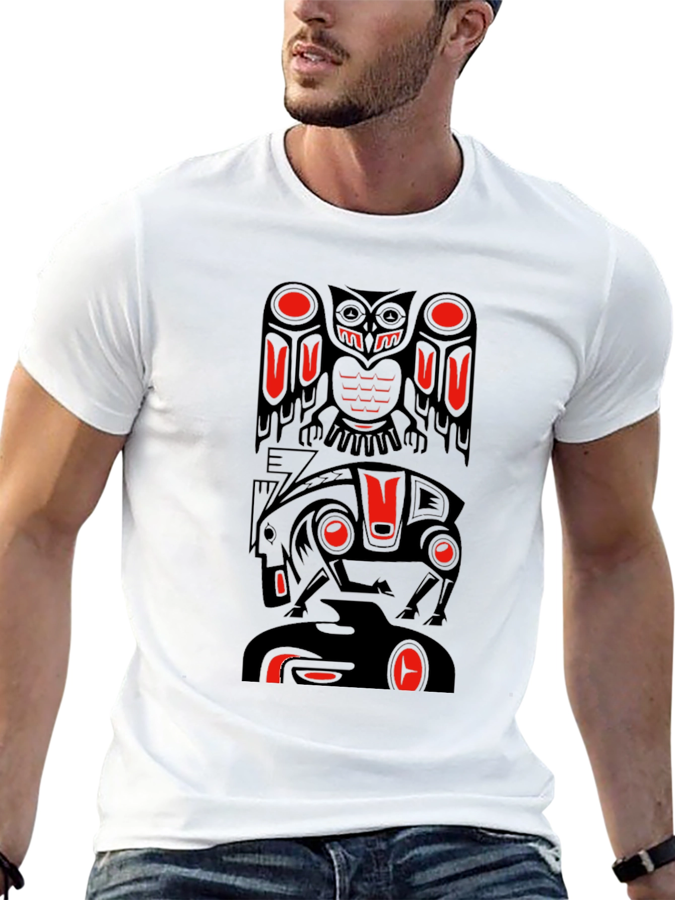 Totem Pole Art Graphic T-Shirt - Black