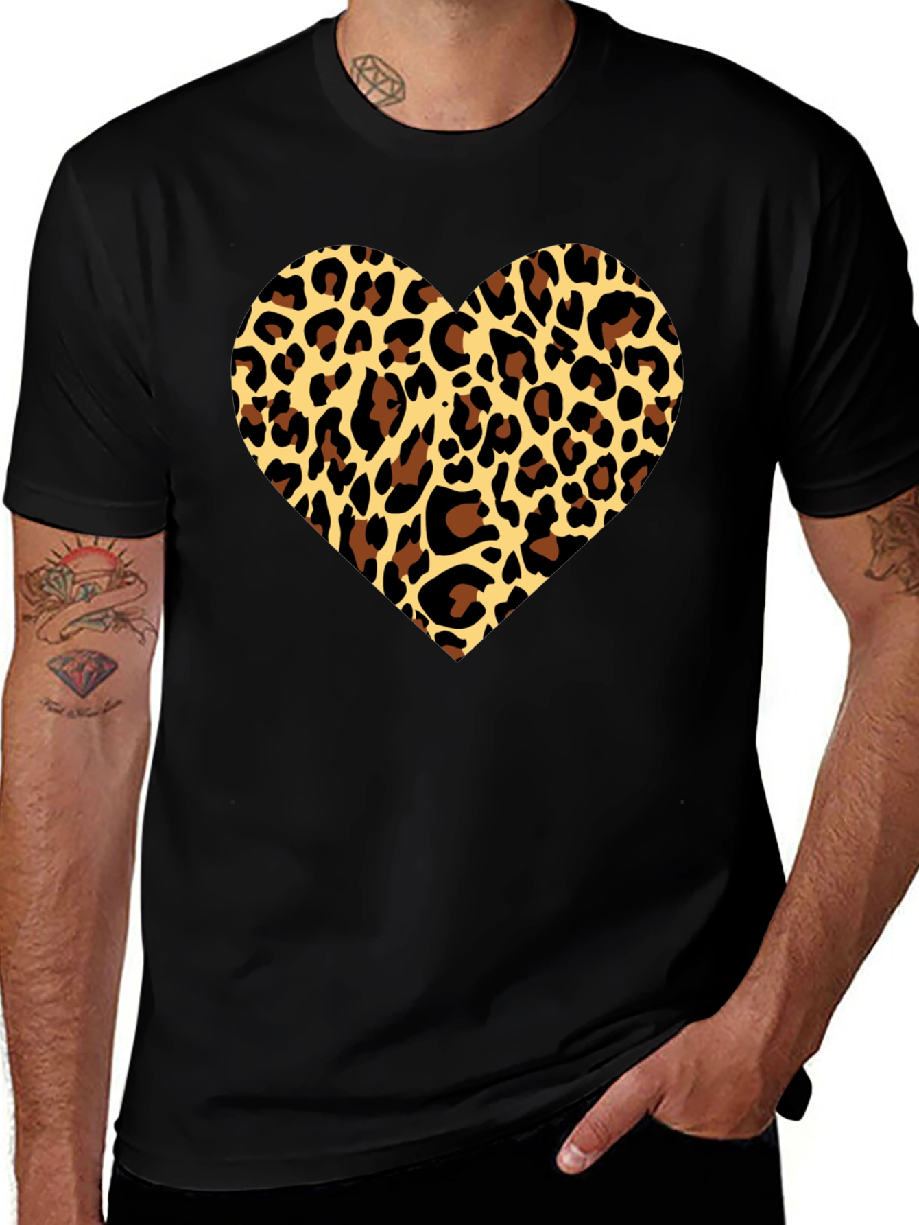 Leopard Heart Graphic Tee - Stylish Mens Black T-Shirt