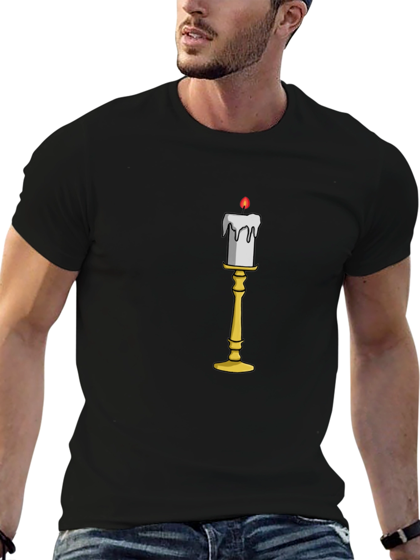 Candle Stand Graphic Tee - Soft Black Cotton Shirt