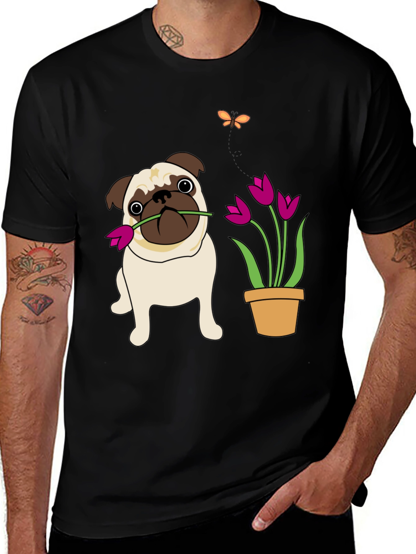 Cute Pug with Flower Graphic T-Shirt