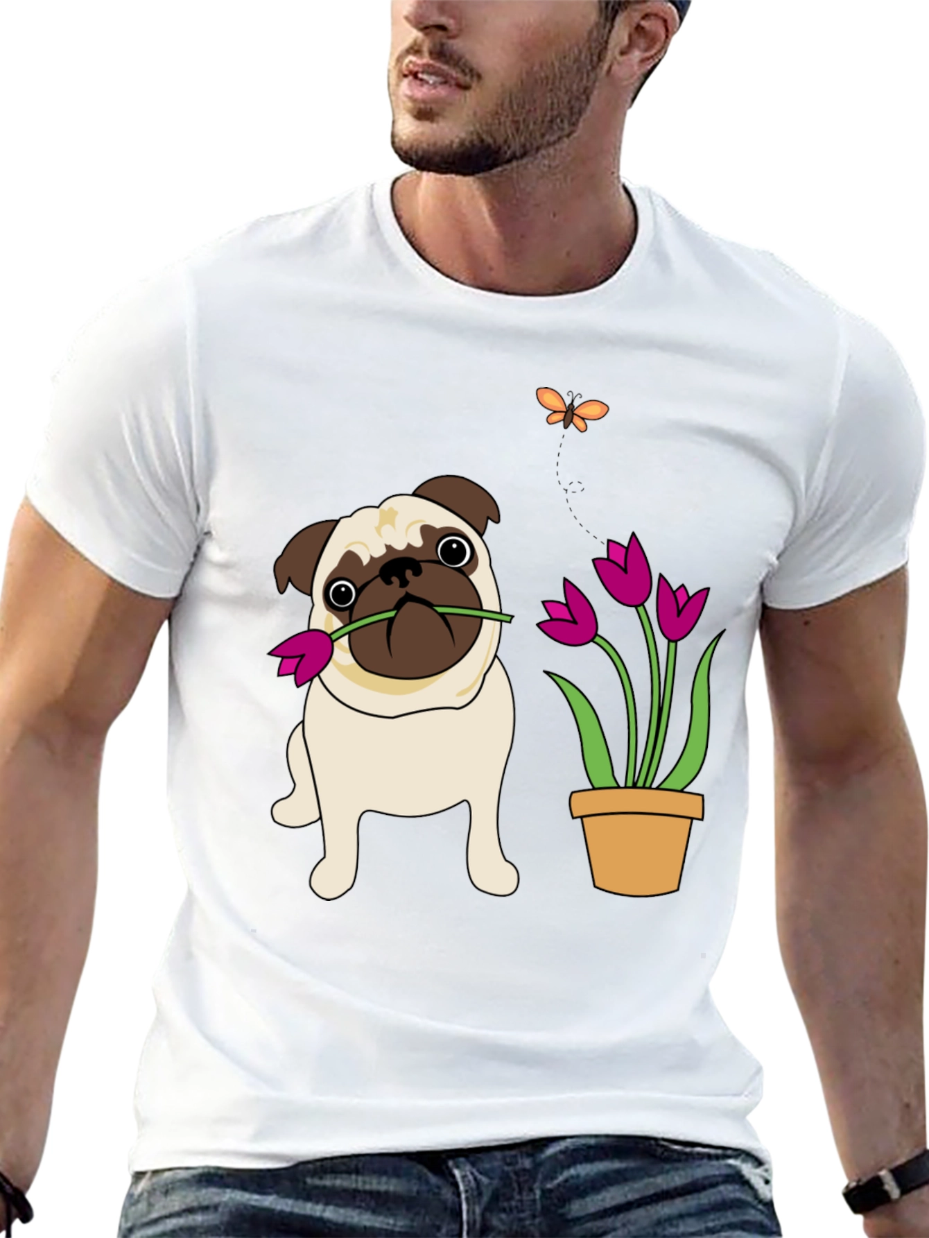 Cute Pug with Flower Graphic T-Shirt