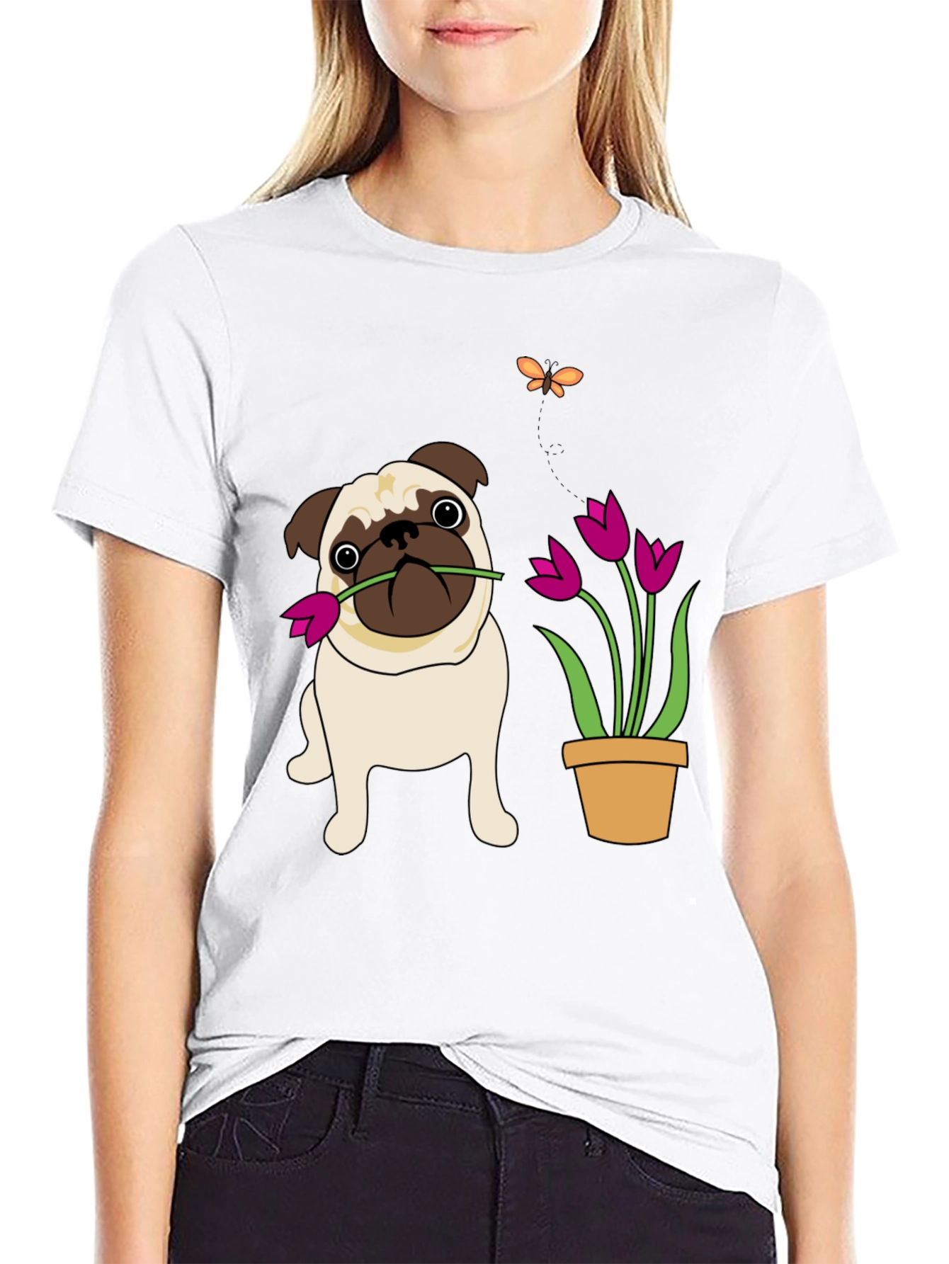 Cute Pug with Flower Graphic T-Shirt
