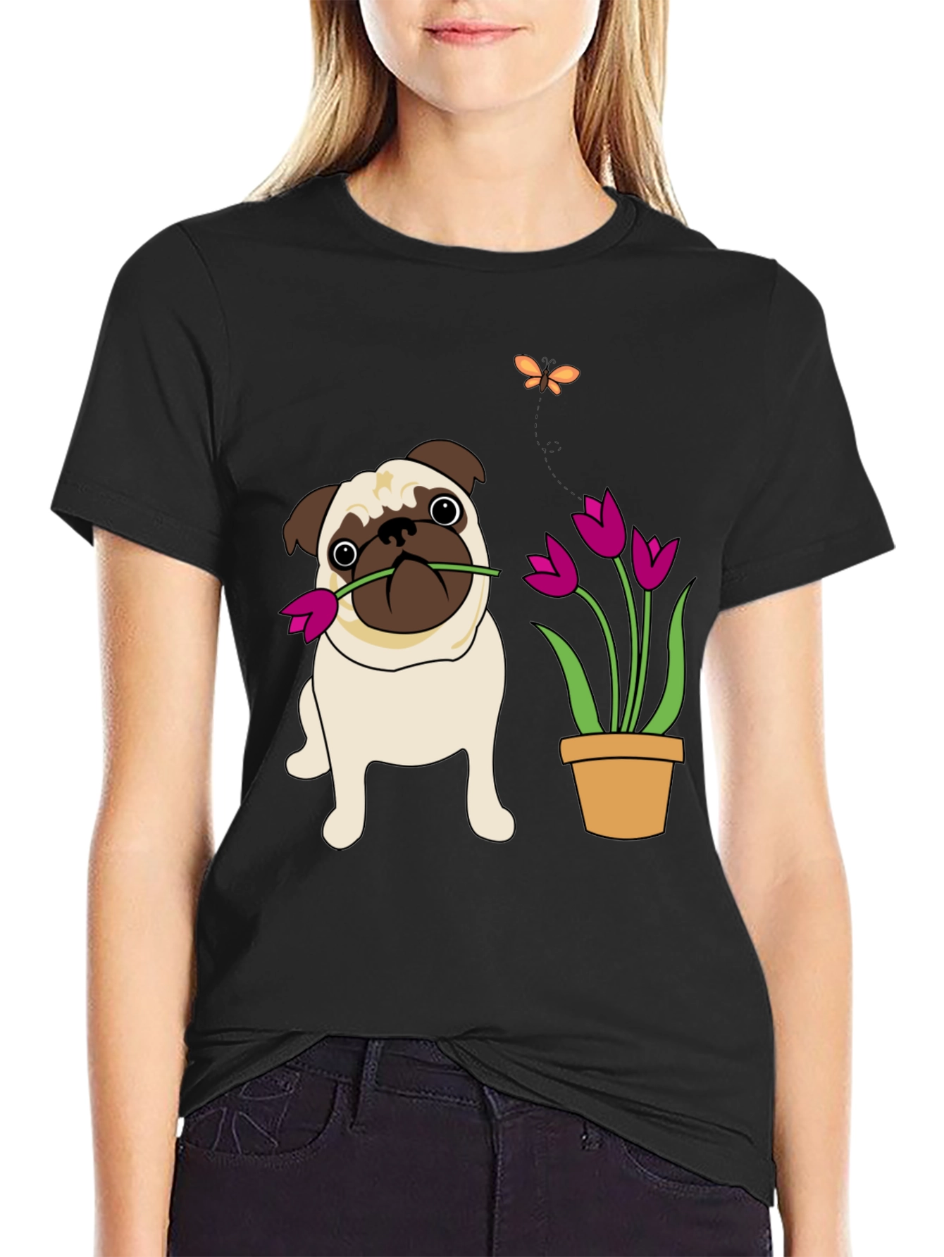 Cute Pug with Flower Graphic T-Shirt