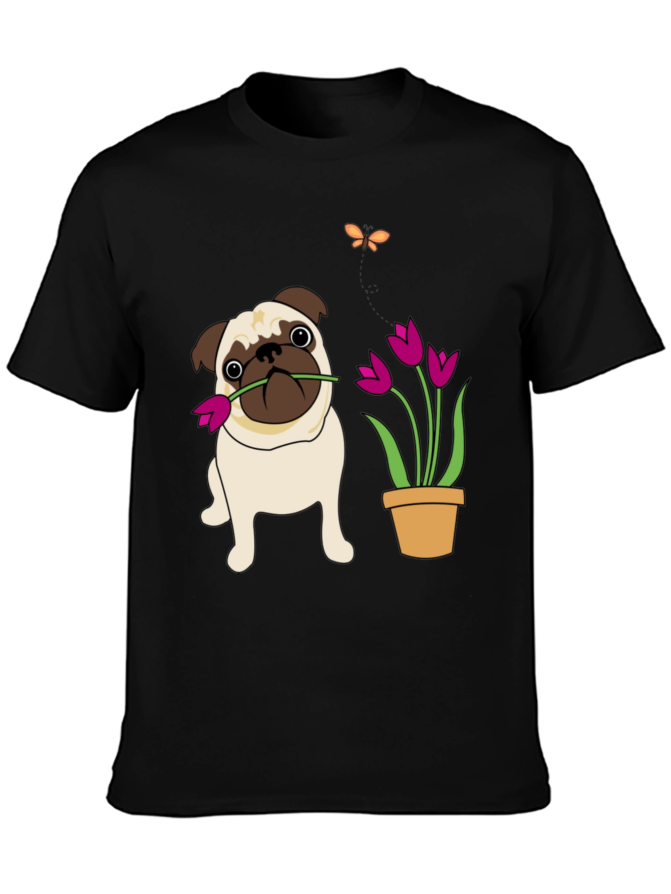 Cute Pug with Flower Graphic T-Shirt