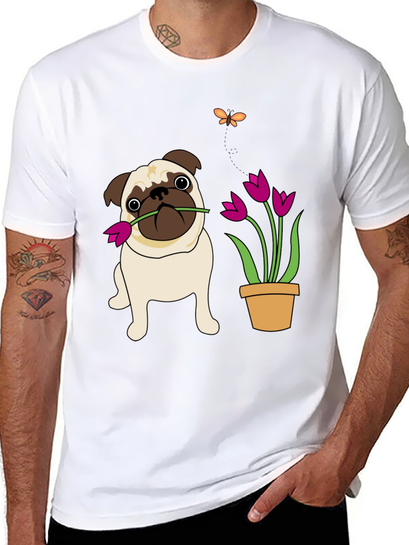 Cute Pug with Flower Graphic T-Shirt
