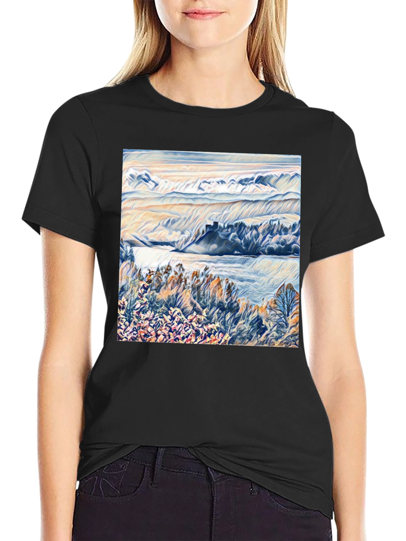 Scenic Landscape Graphic Print Black T-Shirt