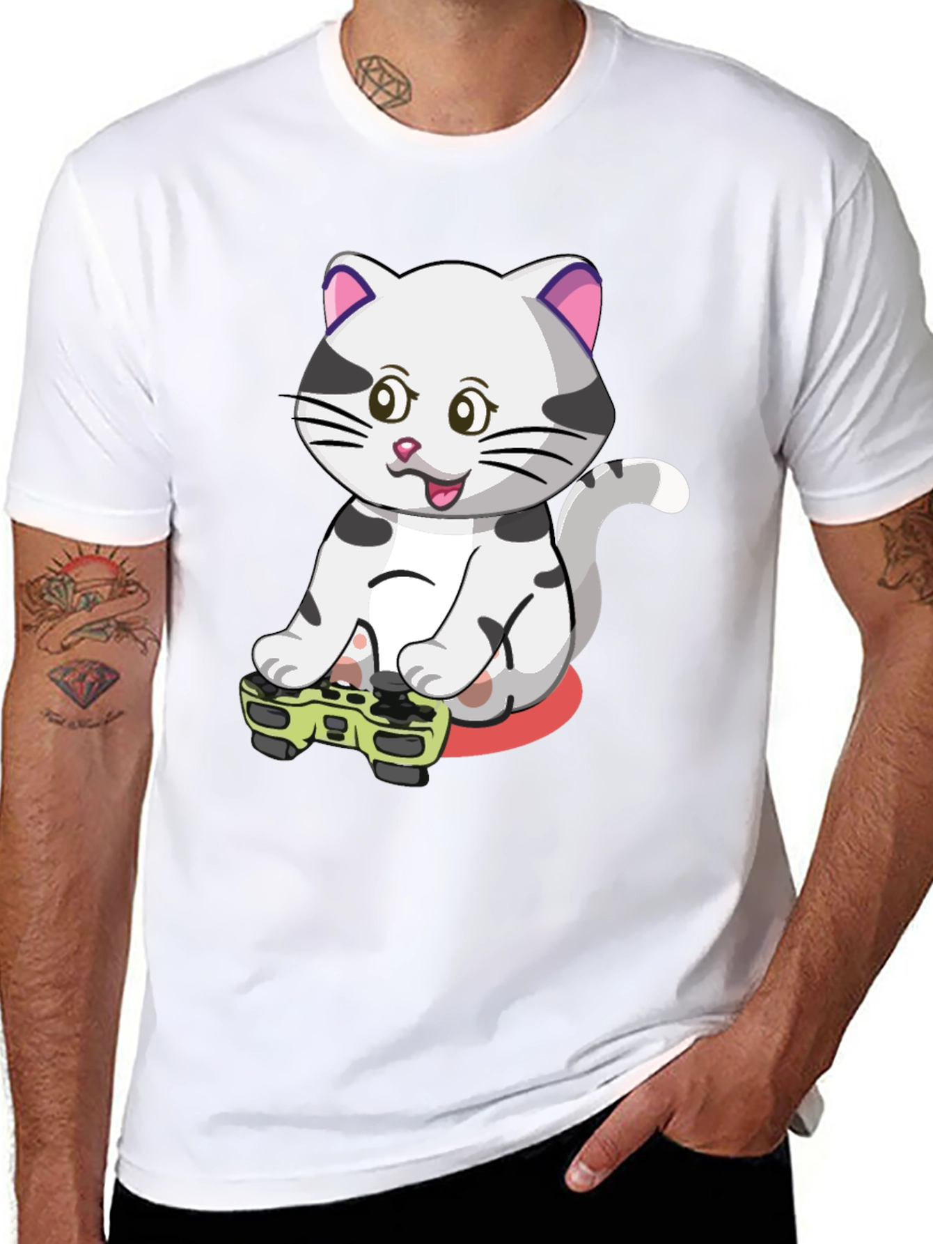 Gamer Cat Graphic Tee - Black Cotton T-Shirt
